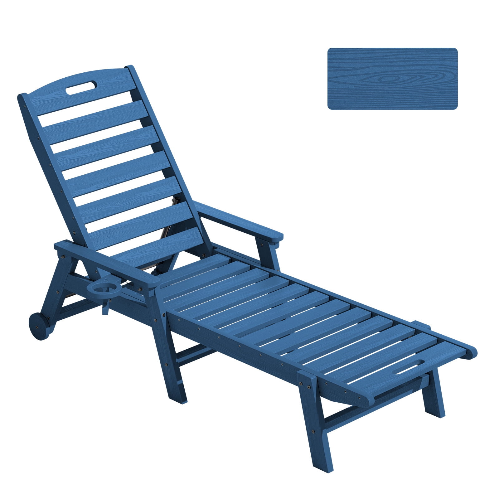 Loyalice Adjustable Wheeled HDPE Outdoor Patio Lounge Chair with Cup Holder (Navy Blue, 78.3 in x 25.1 in x 16.3 in) 2nwno