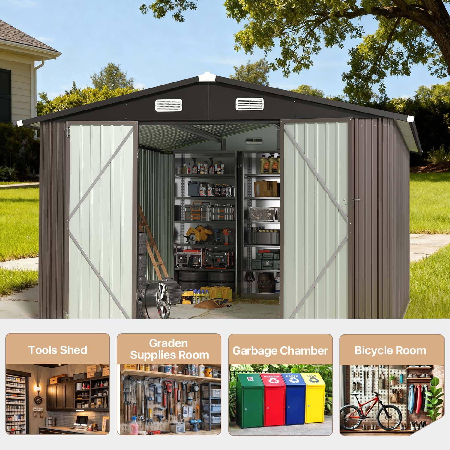 BaPiPro Metal Outdoor Storage Shed, Large Backyard Tool Shed with Lockable Door and Air Vent (Brown, 10 ft x 12 ft) i6pt5