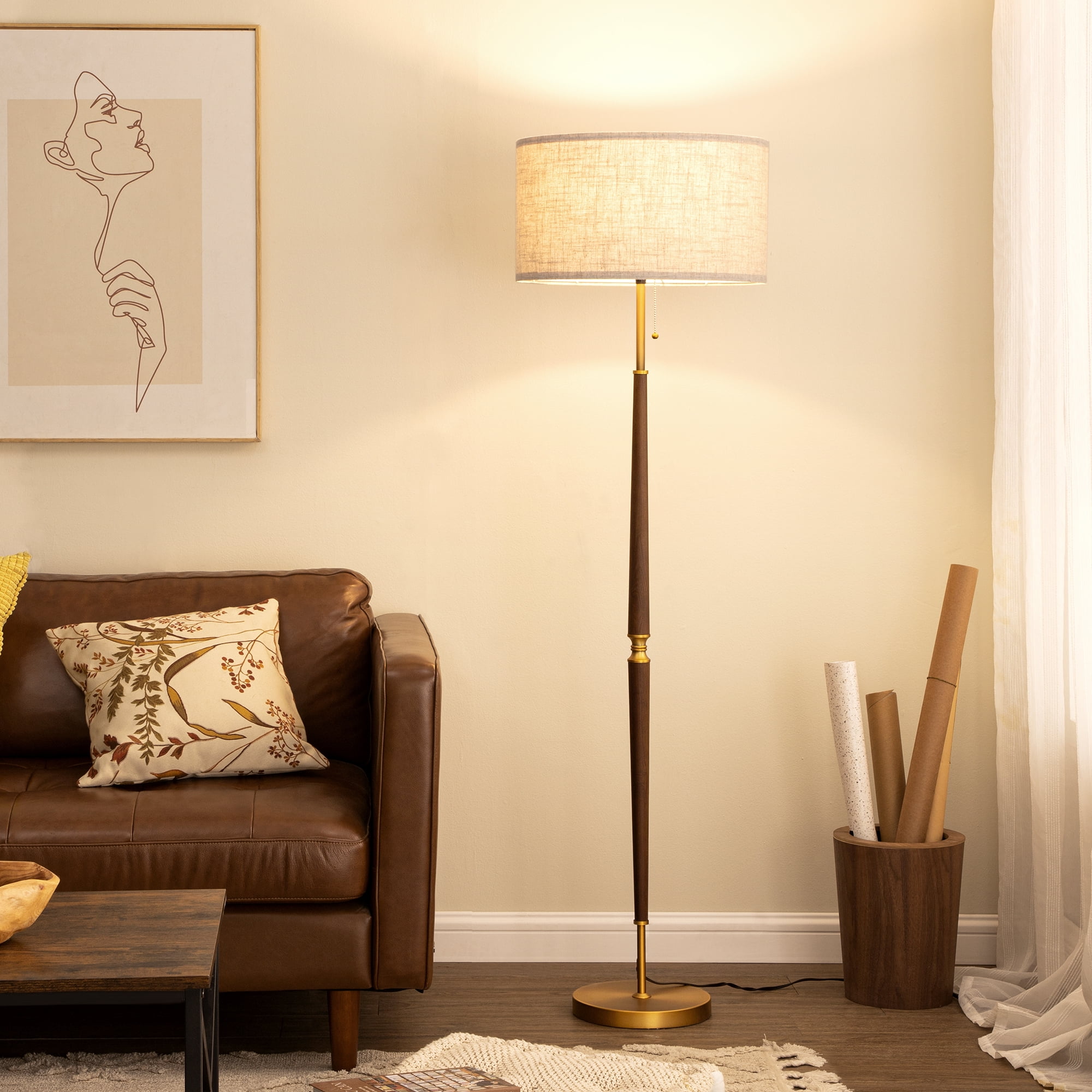 EDISHINE Vintage Floor Lamp for Living Room, Mid-Century Modern Standing Light with Chain Switch (Gold, 62 in) 4fxcu