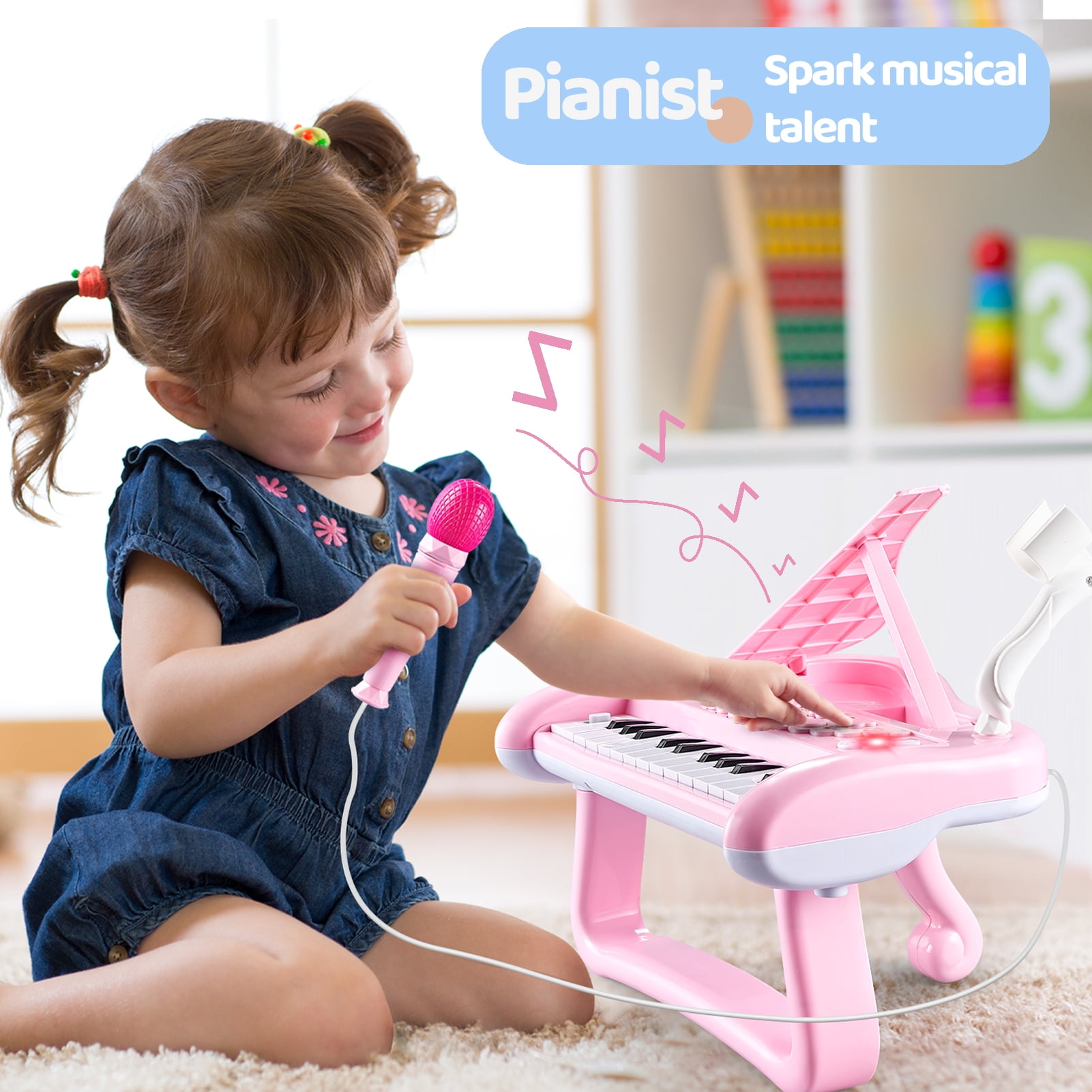 Tepear Musical Keyboard Piano Toy for Toddlers, 22-Key Educational Instrument with Microphone (Pink, 15 in x 8 in) 61jsc