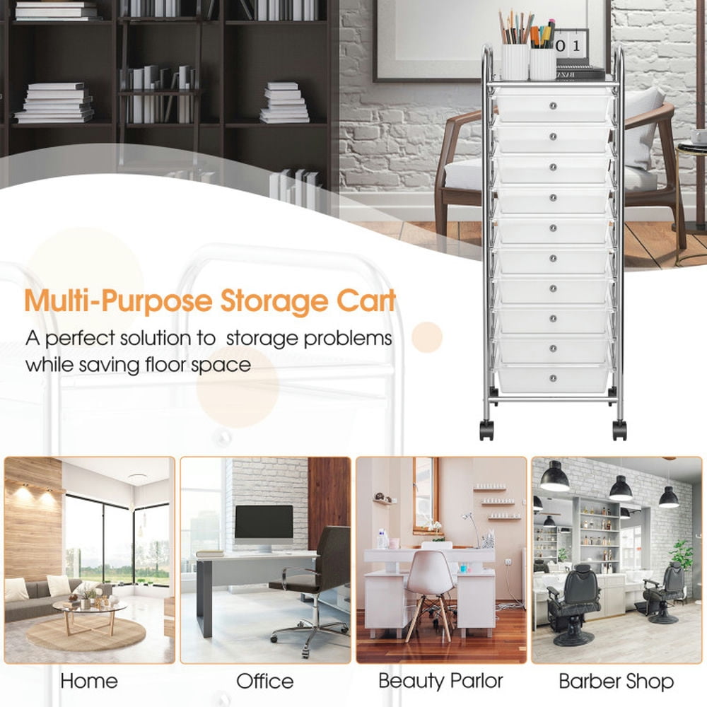 Spaco 10 Drawer Rolling Storage Cart Organizer with Universal Casters (Clear, 14.6 in x 12.8 in x 33.8 in) 92n3v