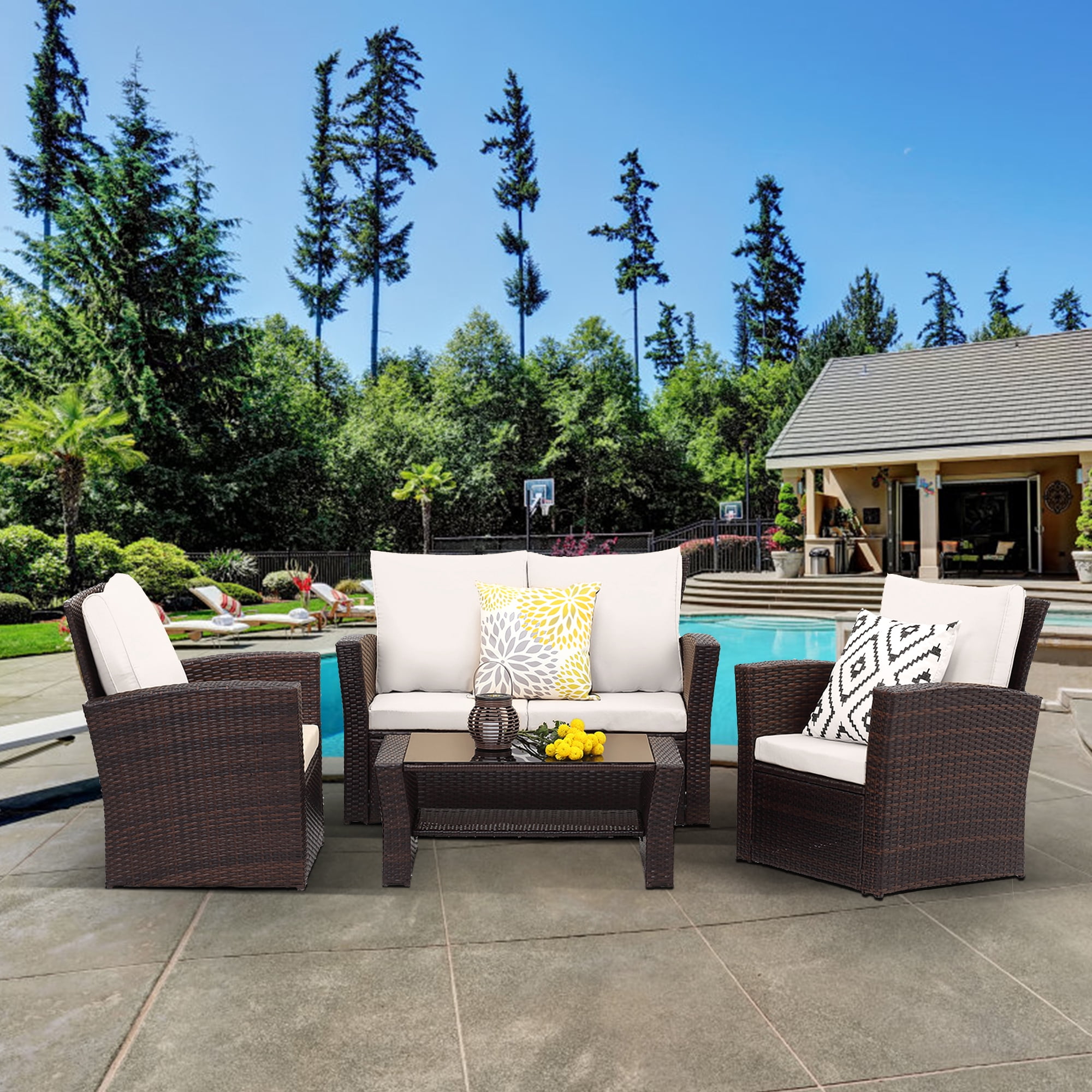 Cozy Home 4-Piece Rattan Outdoor Patio Furniture Set, Wicker Conversation Sofa and Coffee Table (Brown, 4-Piece Set) blo4v
