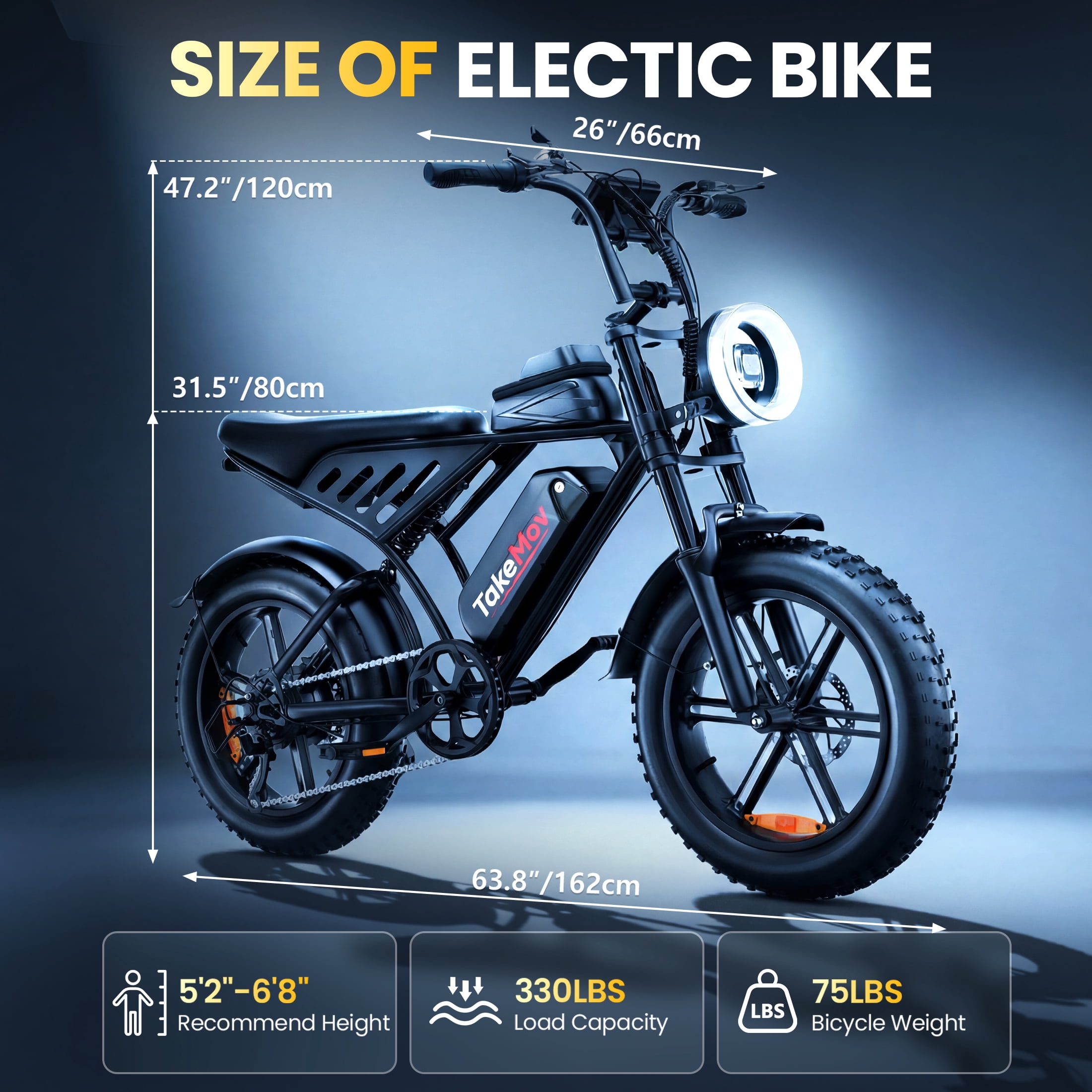 TakeMov Electric Mountain Bike for Adults, 750W Motor, 20 in x 4 in Fat Tire, All-Terrain E-Bike with NFC Unlock (Black, 48V 15Ah) 9mbq3