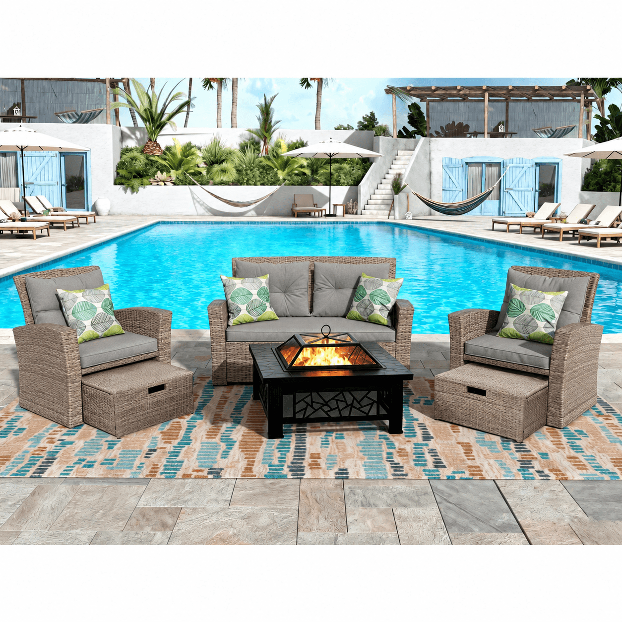 Enyopro 6-Piece Outdoor Patio Furniture Set with 32-inch Fire Pit, All-Weather PE Rattan Conversation Seating (Gray) ba7a8