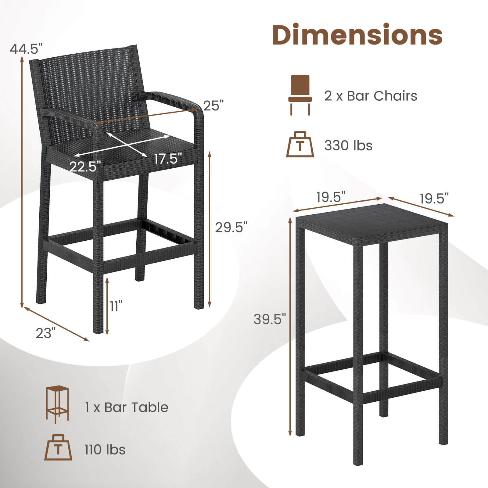 Costway 3-Piece Patio Bar Set with 2 Stools and 1 Bar Table (Black, 3-Piece Set) lf7dt