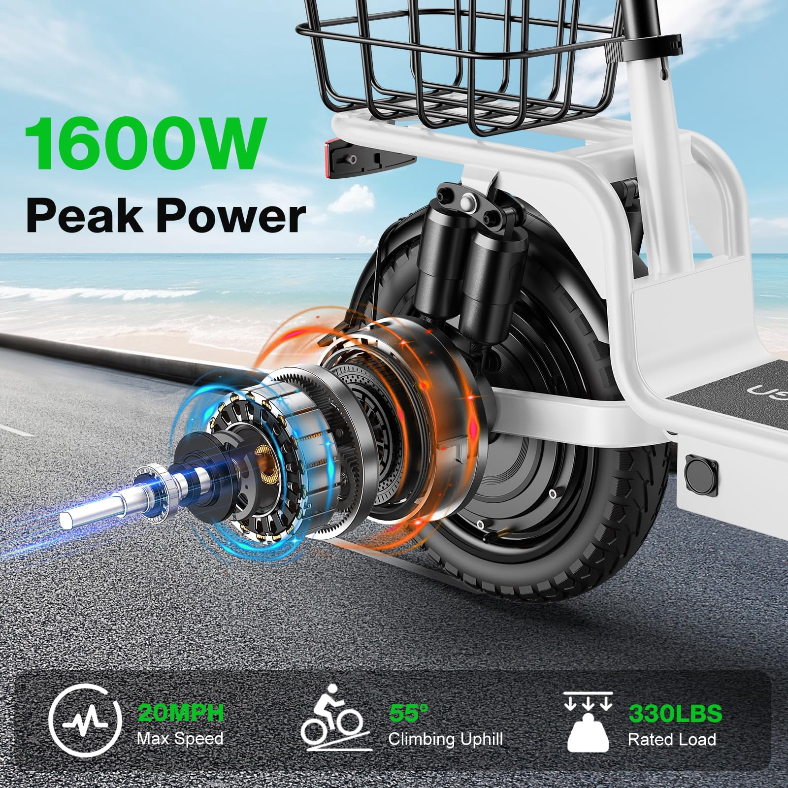INSDRGN Electric Scooter with Seat, Foldable Commuter E-Scooter, 1600W Motor, 42-Mile Range (White, 14 in) 5wfm6