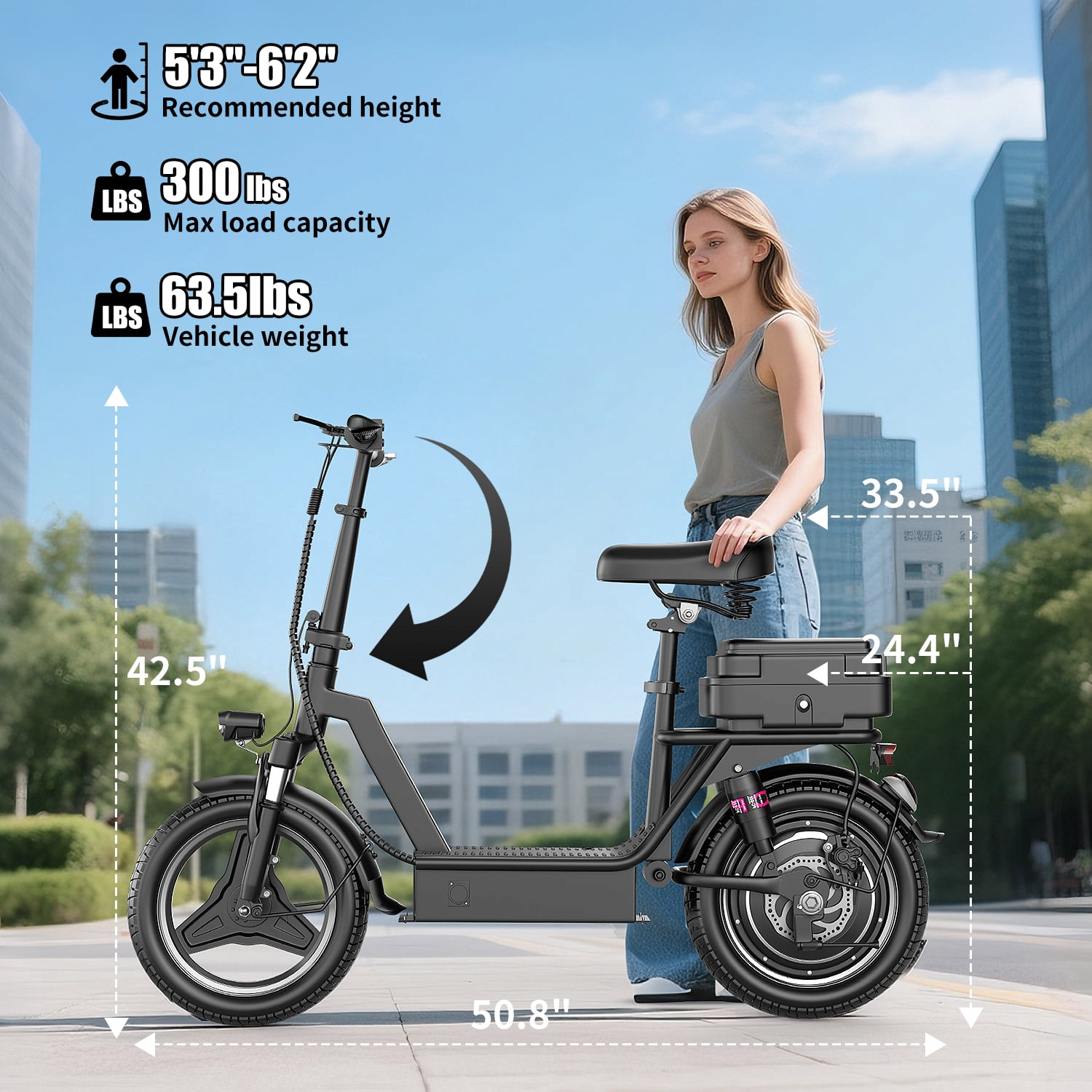 AZHAR Electric Scooter with Seat, 1200W Motor, 25 MPH Max Speed, 45 Mile Range, Dual Shock Absorption, 14 in Tires (Black, 350 lb Capacity) 5dzpo