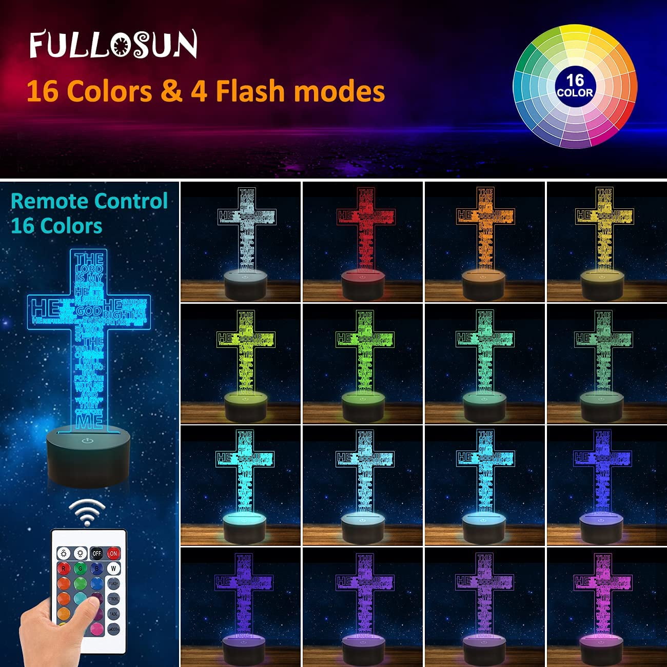 Ysitian Jesus Cross 3D Night Light, LED Optical Illusion Lamp with Remote Control (16 Colors, 8 in) wkyj6