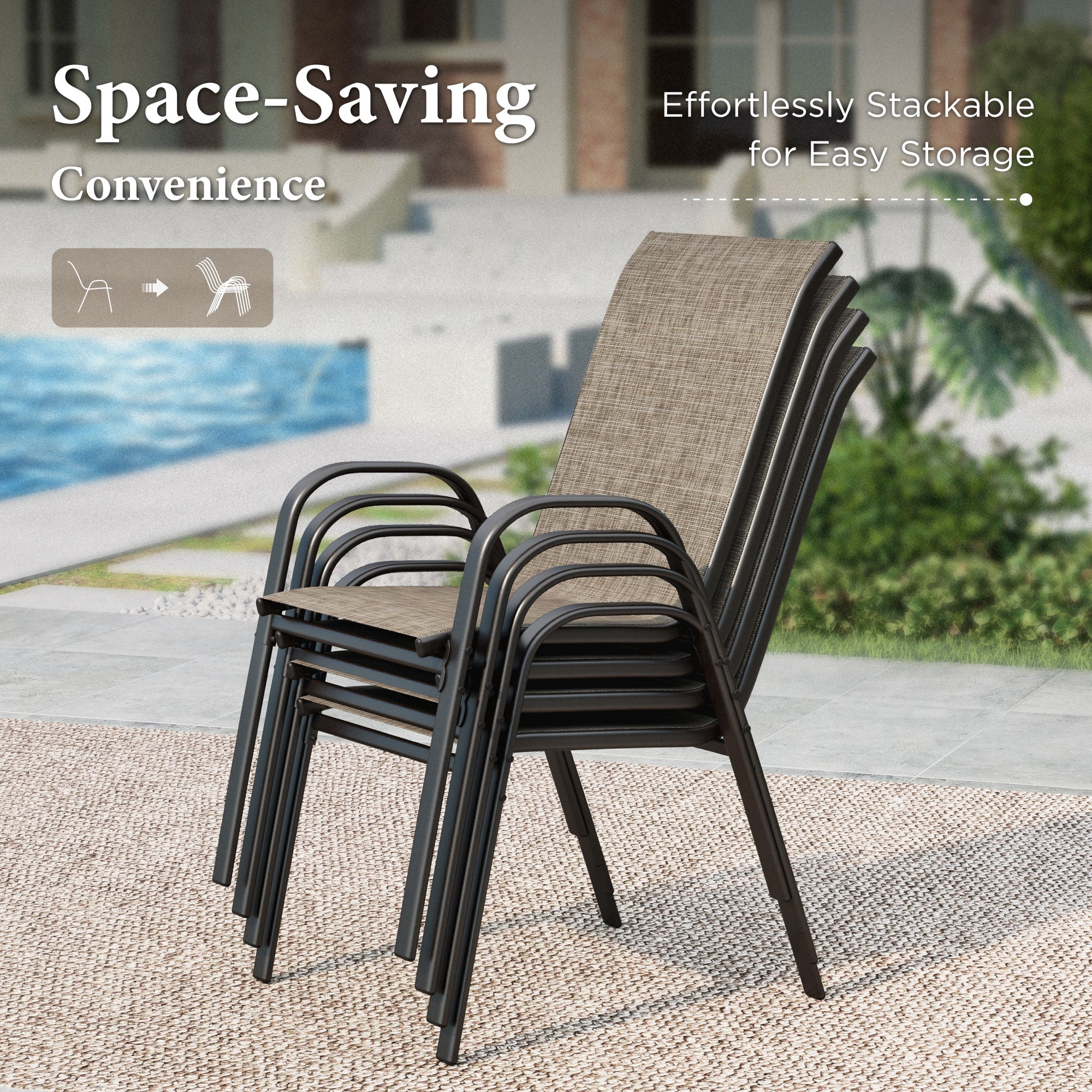Summit Living 5-Piece Outdoor Patio Dining Set, Stackable Textilene Chairs and Metal Square Table with Marble Tabletop (Black, 350 lb Capacity) 51psz