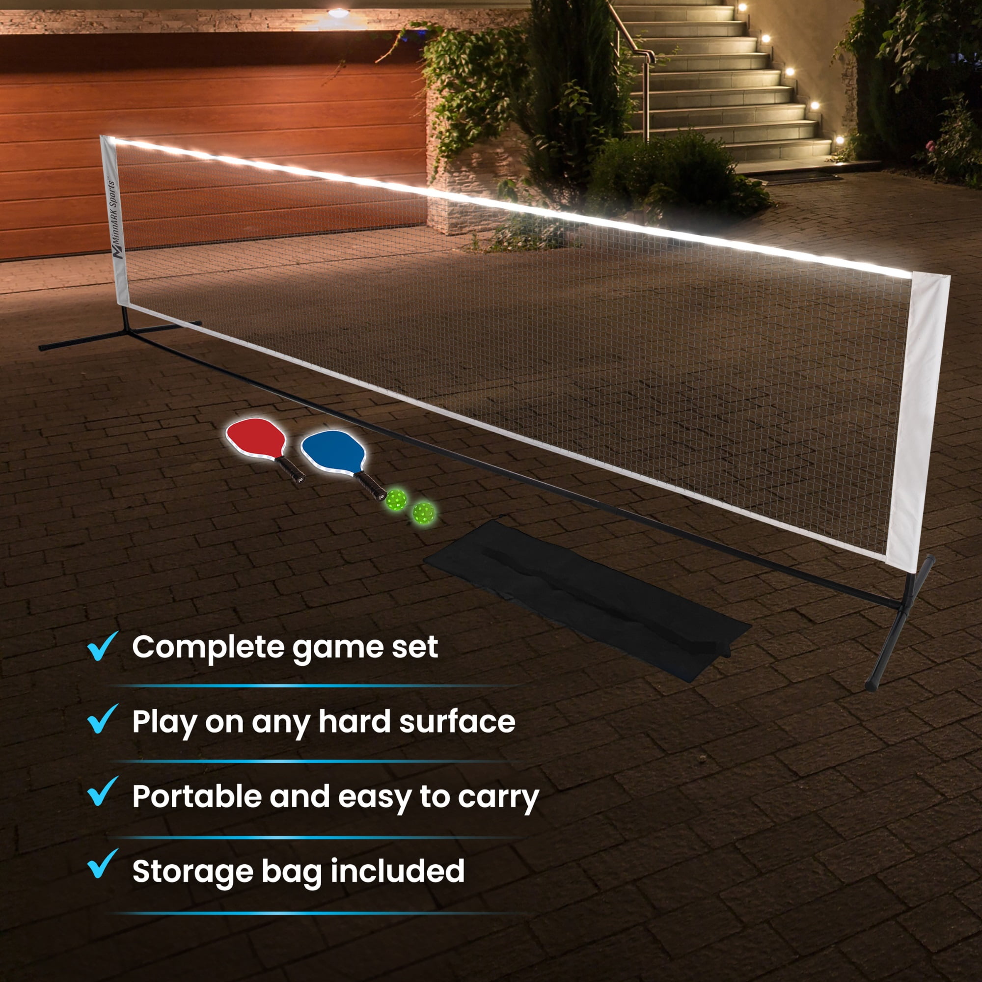 MinnARK LED Pickleball Set with Light-Up Net, Paddles, and Balls (142 in) qoe08