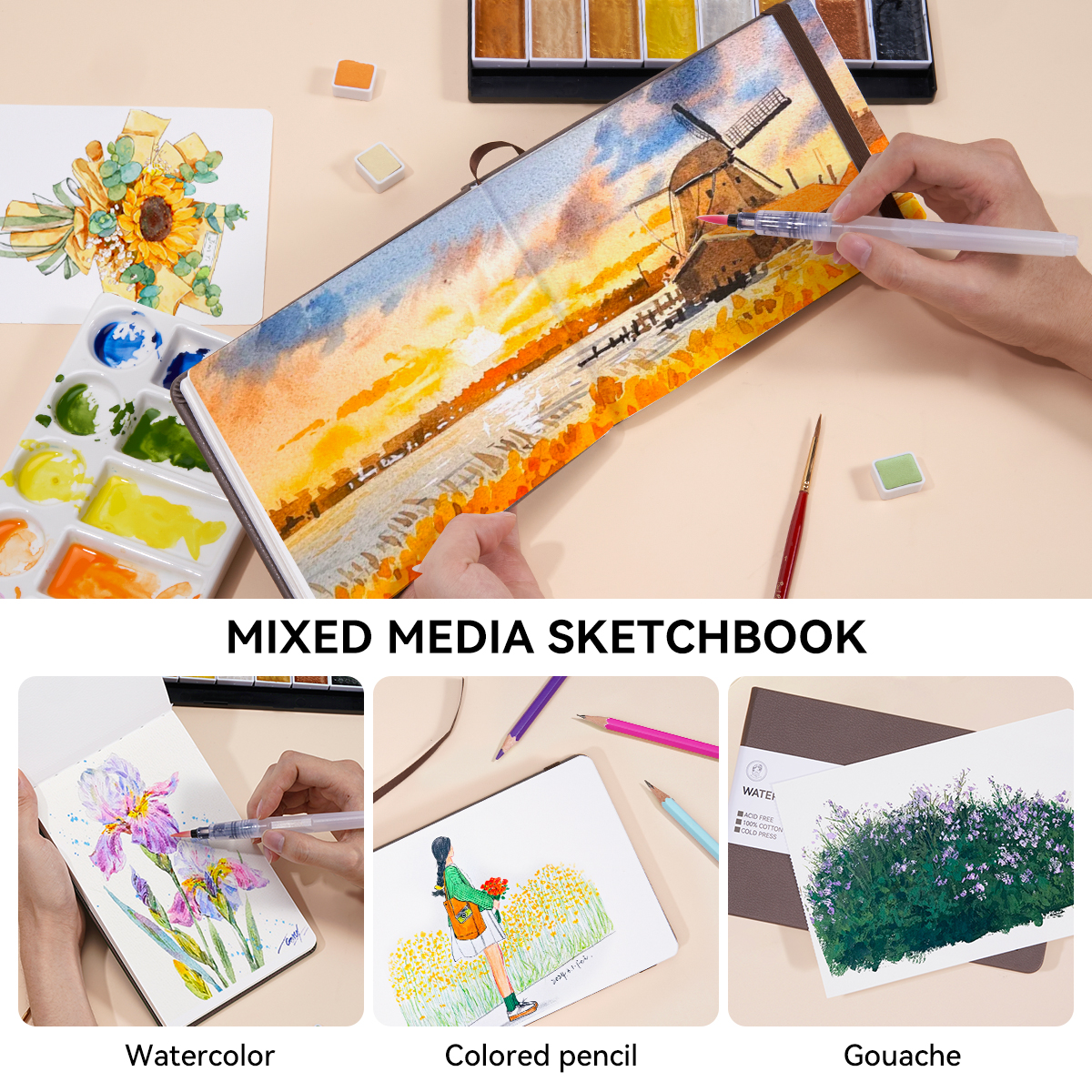 Lightwish Watercolor Sketchbook, 100% Cotton Cold Press 140lb Paper for Watercolor, Gouache, and Acrylics (Brown, 7.6 x 5.1 in, 20 Sheets) tx4kd
