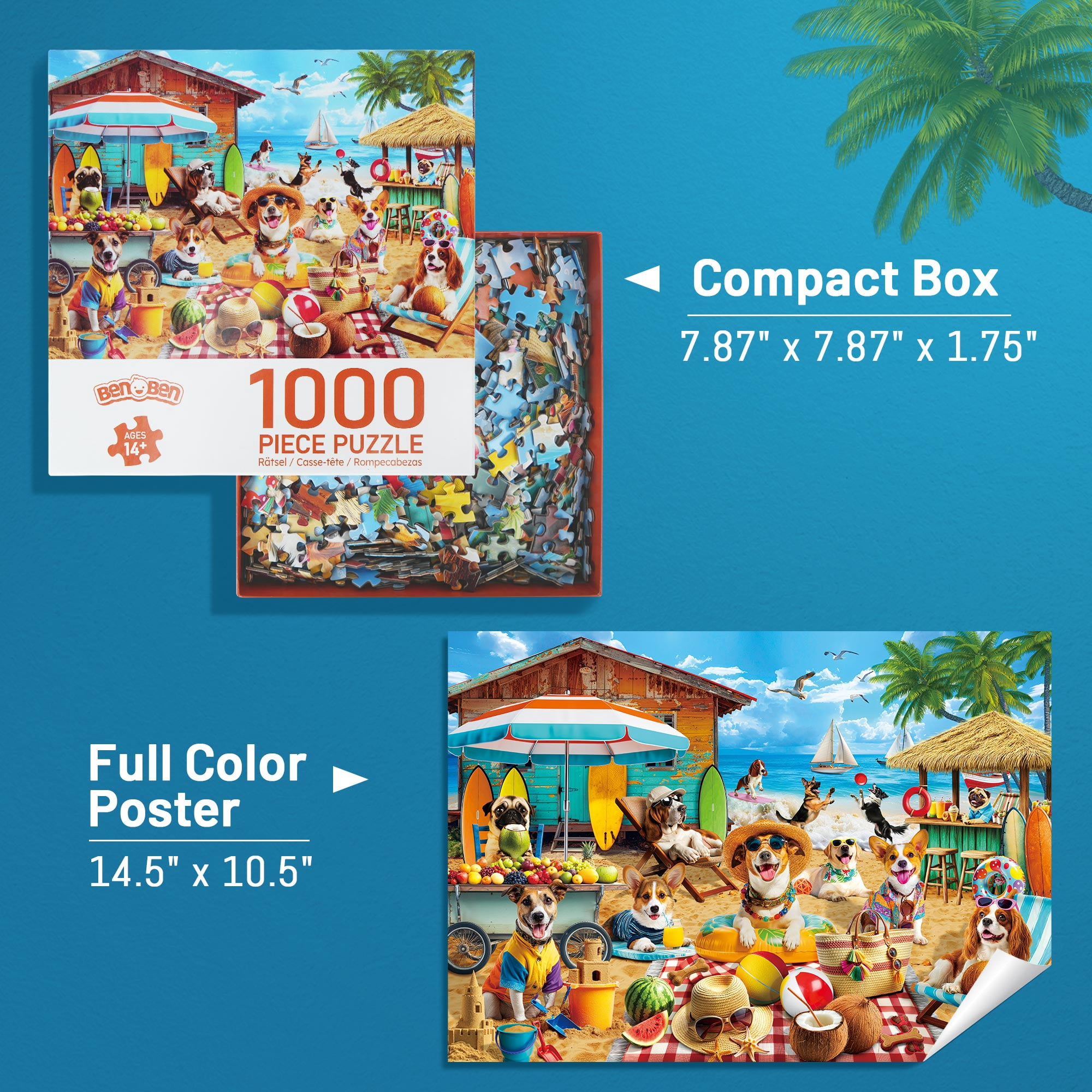 BenBen 1000 Piece Jigsaw Puzzle for Adults, Dogs' Beach Party Theme, Challenging Interlocking Cardboard Puzzle (26.75 in x 19.25 in) f3hk8