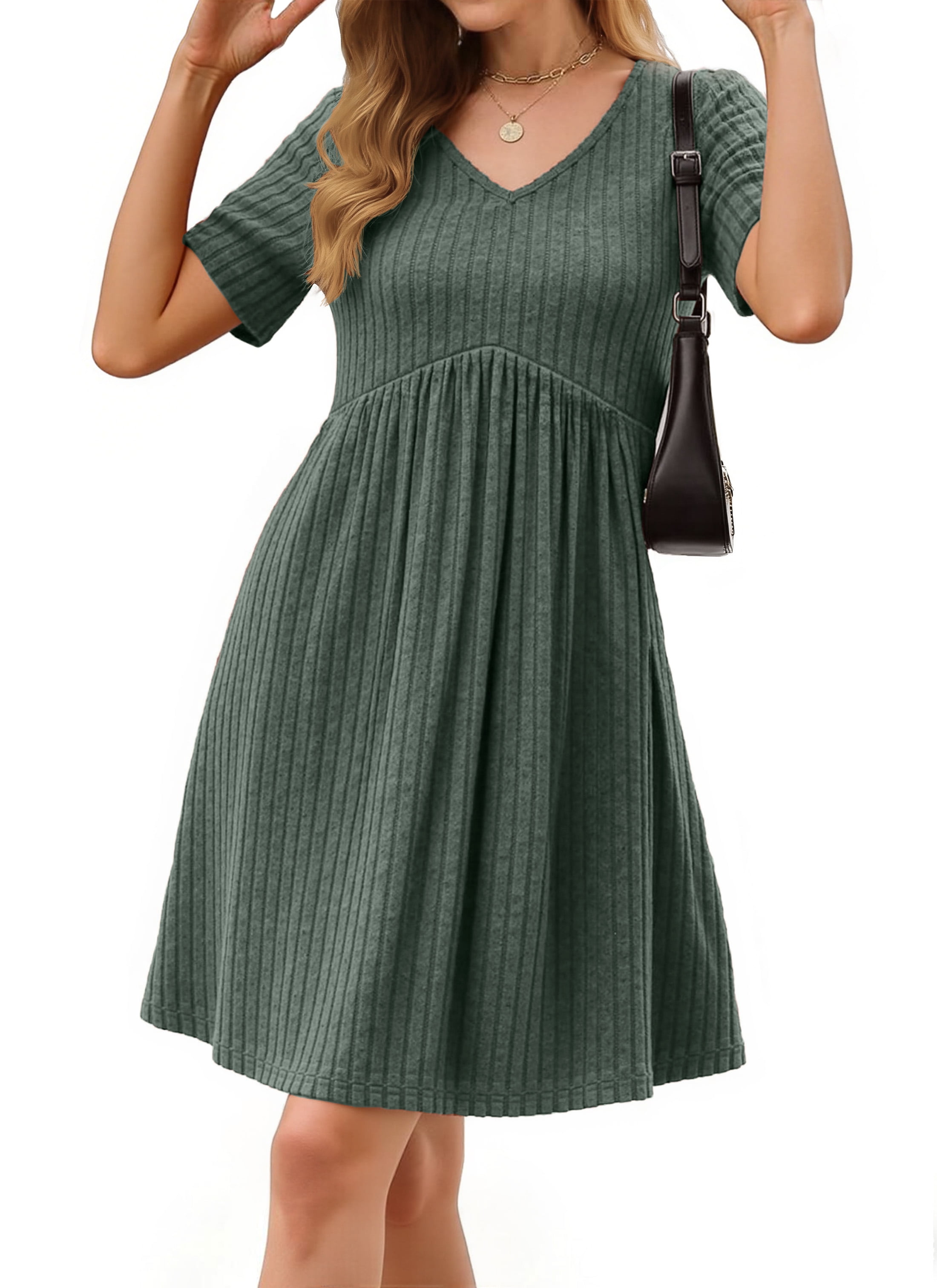 Fantaslook Women's V-Neck Midi Dress Short Sleeve Empire Waist Casual Tunic with Pockets (Green, L) 4ck2p