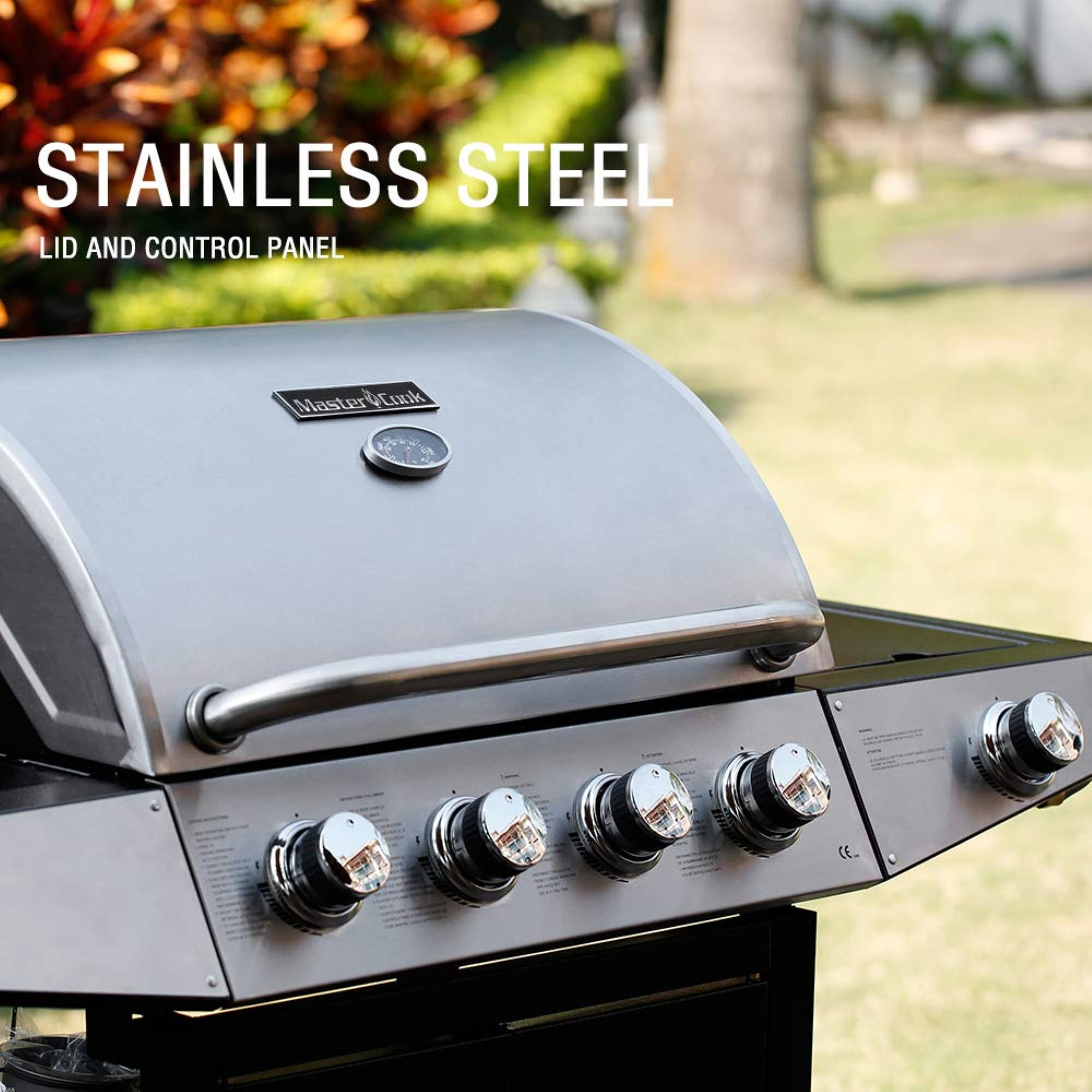 Master Cook 4+1 Burner Propane Gas Grill, Outdoor BBQ Station with Side Stove and Stainless Steel Lid (Silver, 518 Sqin) am193