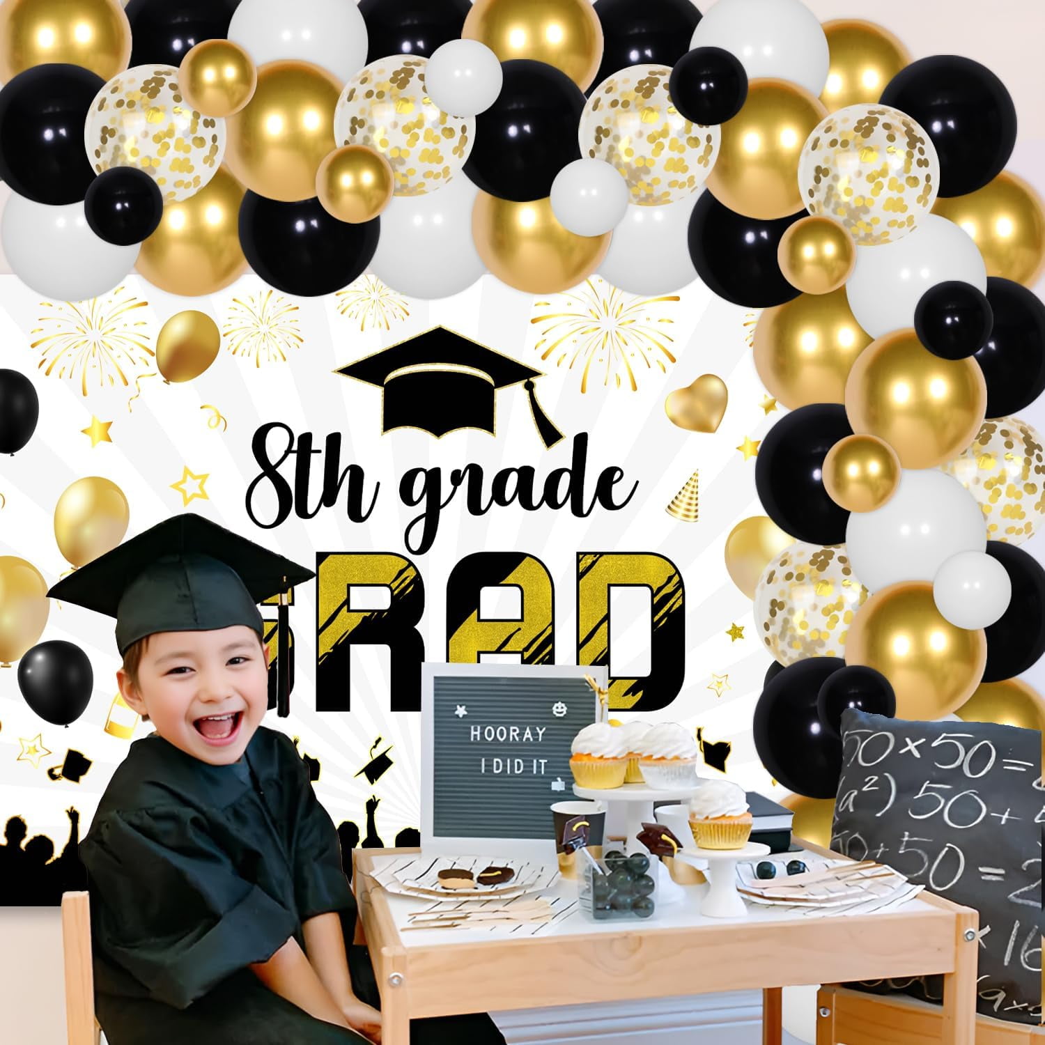 Kreat4joy 8th Grade Graduation Party Decorations 2026 Black and Gold Backdrop Balloon Garland Arch Kit (79 Pieces) oppvl