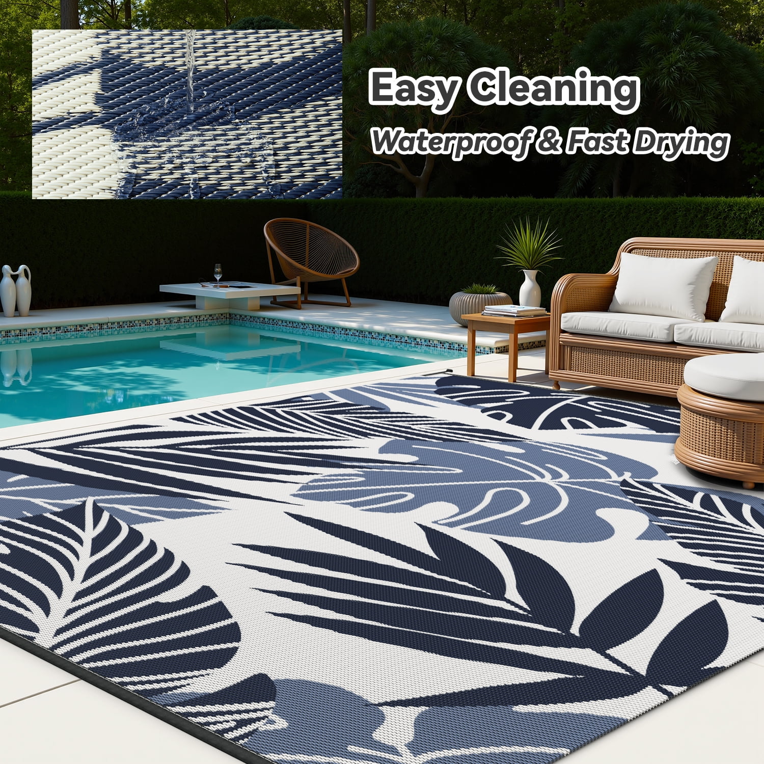 VUNATE Outdoor Rug Waterproof Reversible Patio Carpet (Beige and Blue, 5 ft x 8 ft) opul5