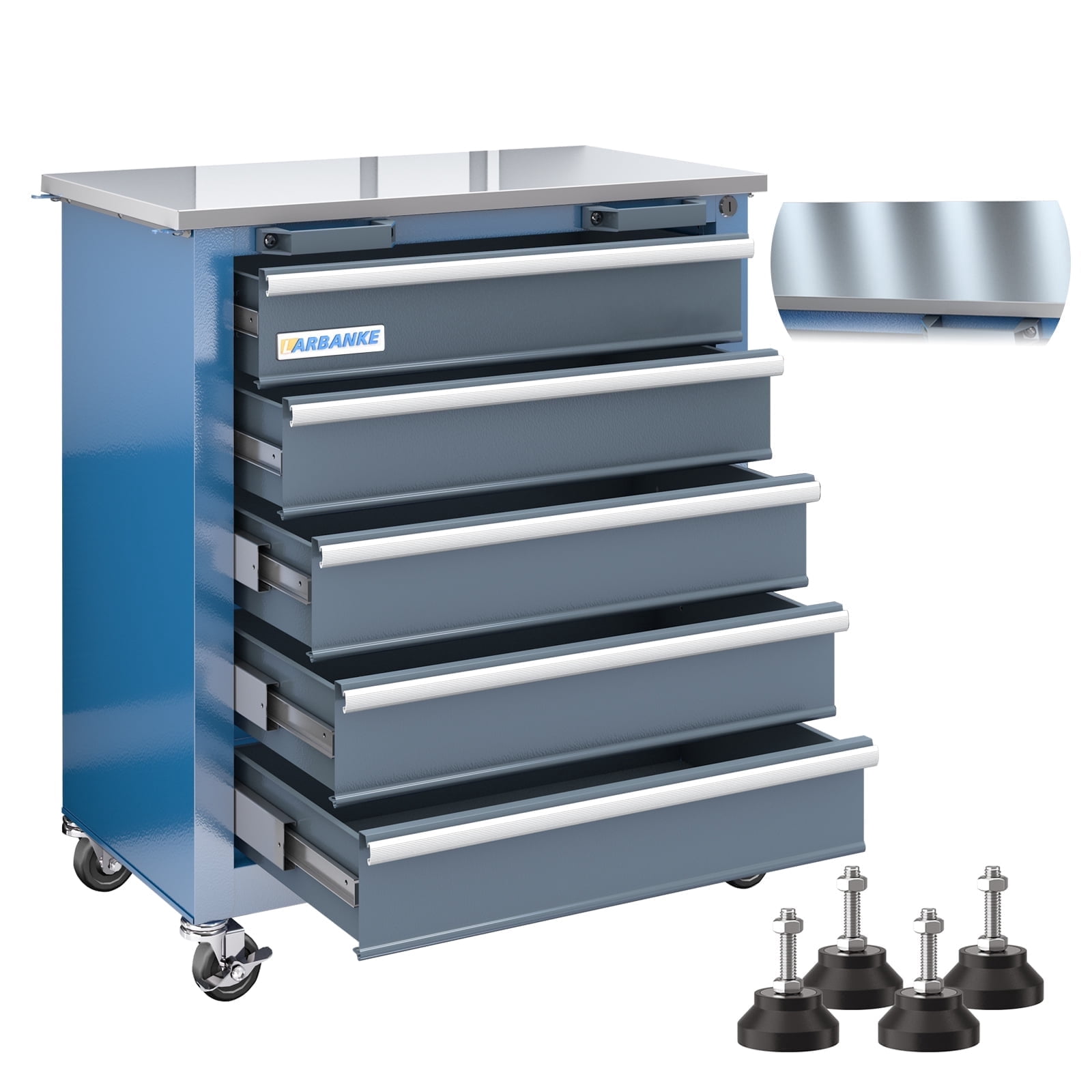 LARBANKE Rolling Tool Chest 5-Drawer Cabinet with Stainless Steel Top (Blue, 26 in x 13.5 in x 29 in) zks2v