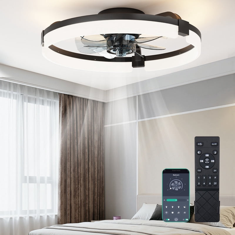 Gianna Low Profile Ceiling Fan with LED Lights, Dimmable Flush Mount Fandelier, 6-Speed Reversible Motor, App Control (Black, 19.7 in) f3z76