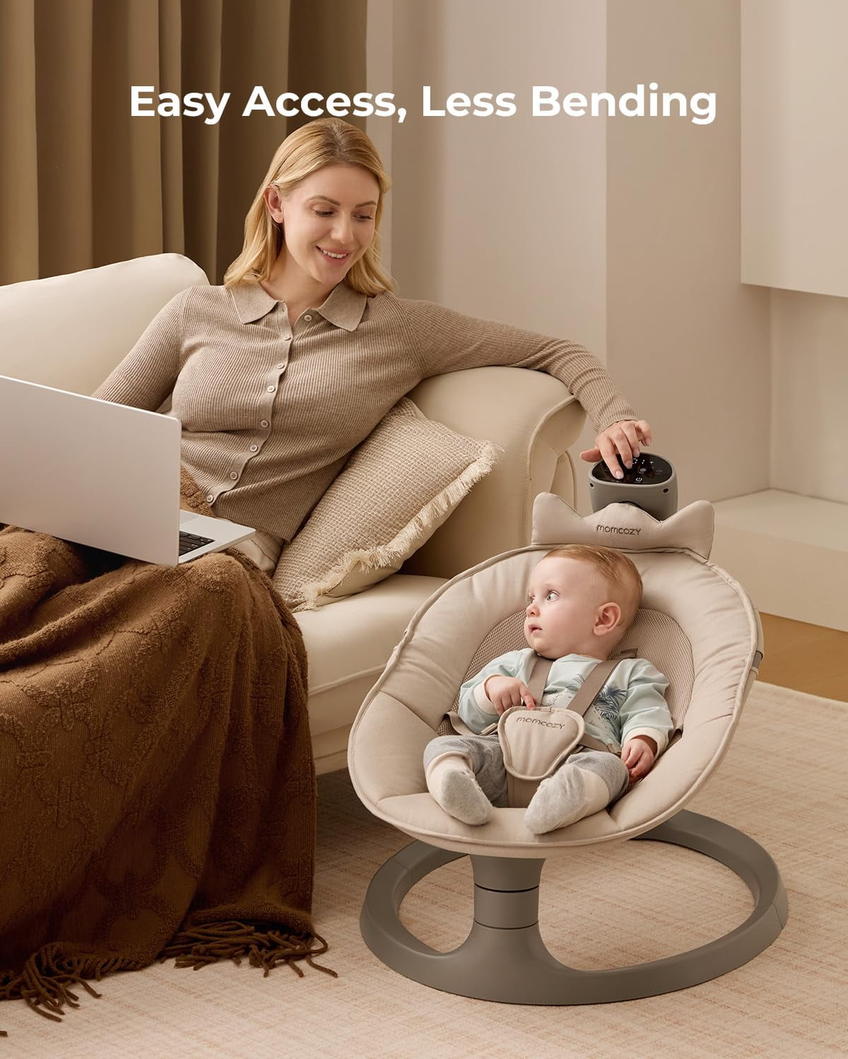 Momcozy 2-in-1 Electric Baby Swing and Toddler Seat, Dual-Arm Support System (Beige, 66 lb) pqi6o