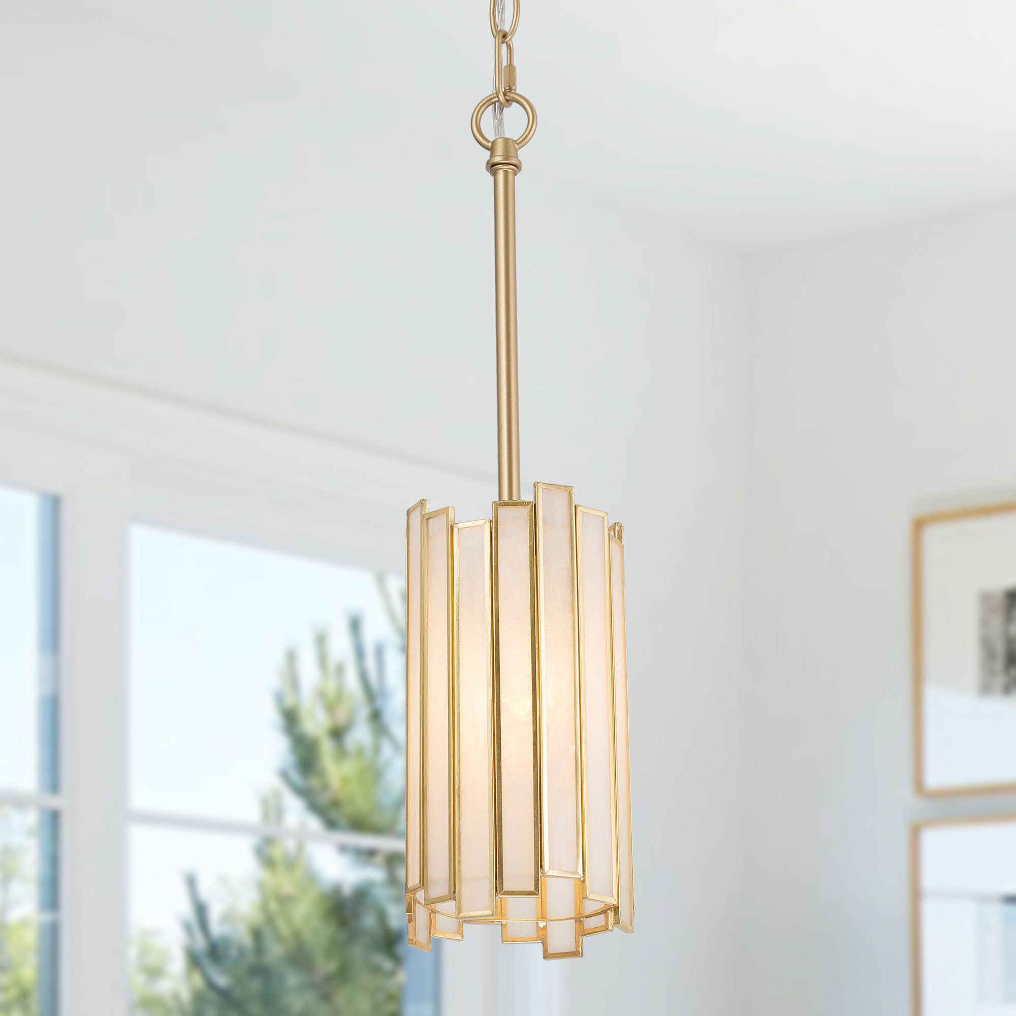 LNC 1-Light Modern Brass Gold Chandelier with Opal Glass Cylinder Shade (1-Light) p3jqb