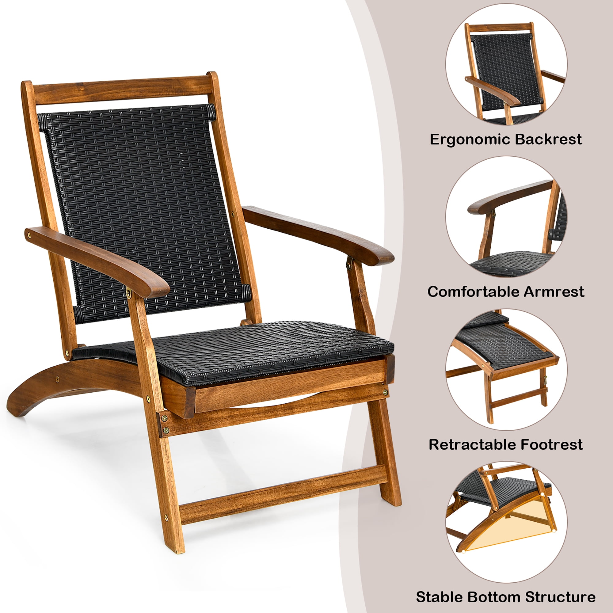 Costway 2-Piece Patio Folding Rattan Lounge Chair Set with Retractable Footrest (Brown, 24 in x 51.5 in x 32.5 in) motay