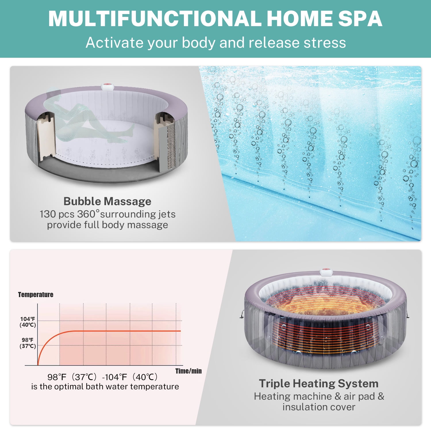 Seizeen Inflatable Hot Tub Portable Home Spa with 130 Massage Jets (Grey, 82 in) yq65n