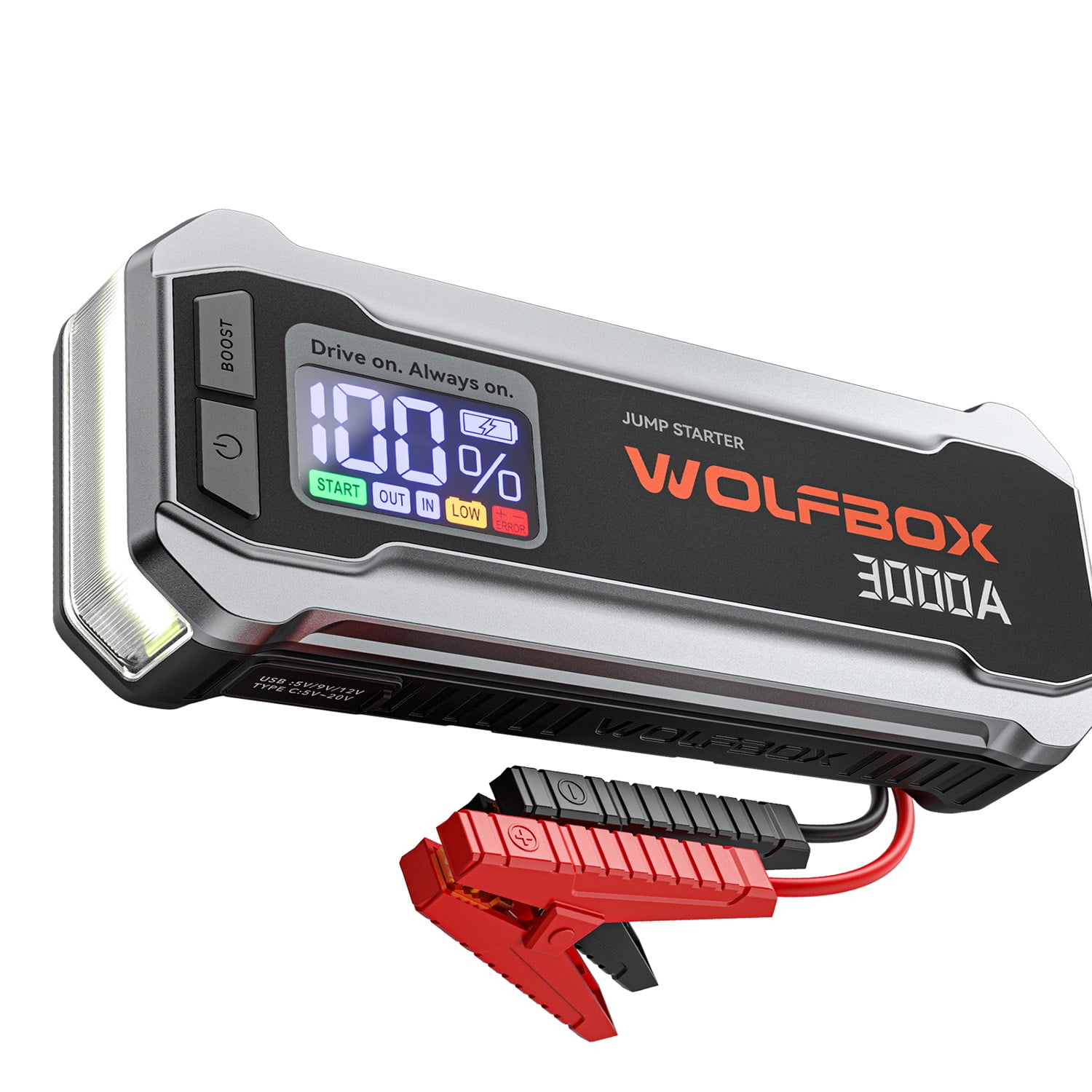 WolfBox 3000A Car Battery Jump Starter, Portable Emergency Power Pack with LED Light and USB Quick Charge (16000mAh) hokik