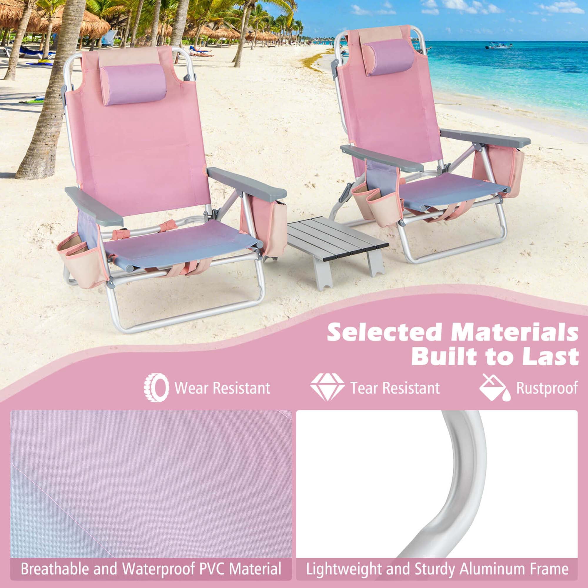 Costway 2-Pack Folding Backpack Beach Chair and Table Set with 5-Position Reclining (Pink) yajnw