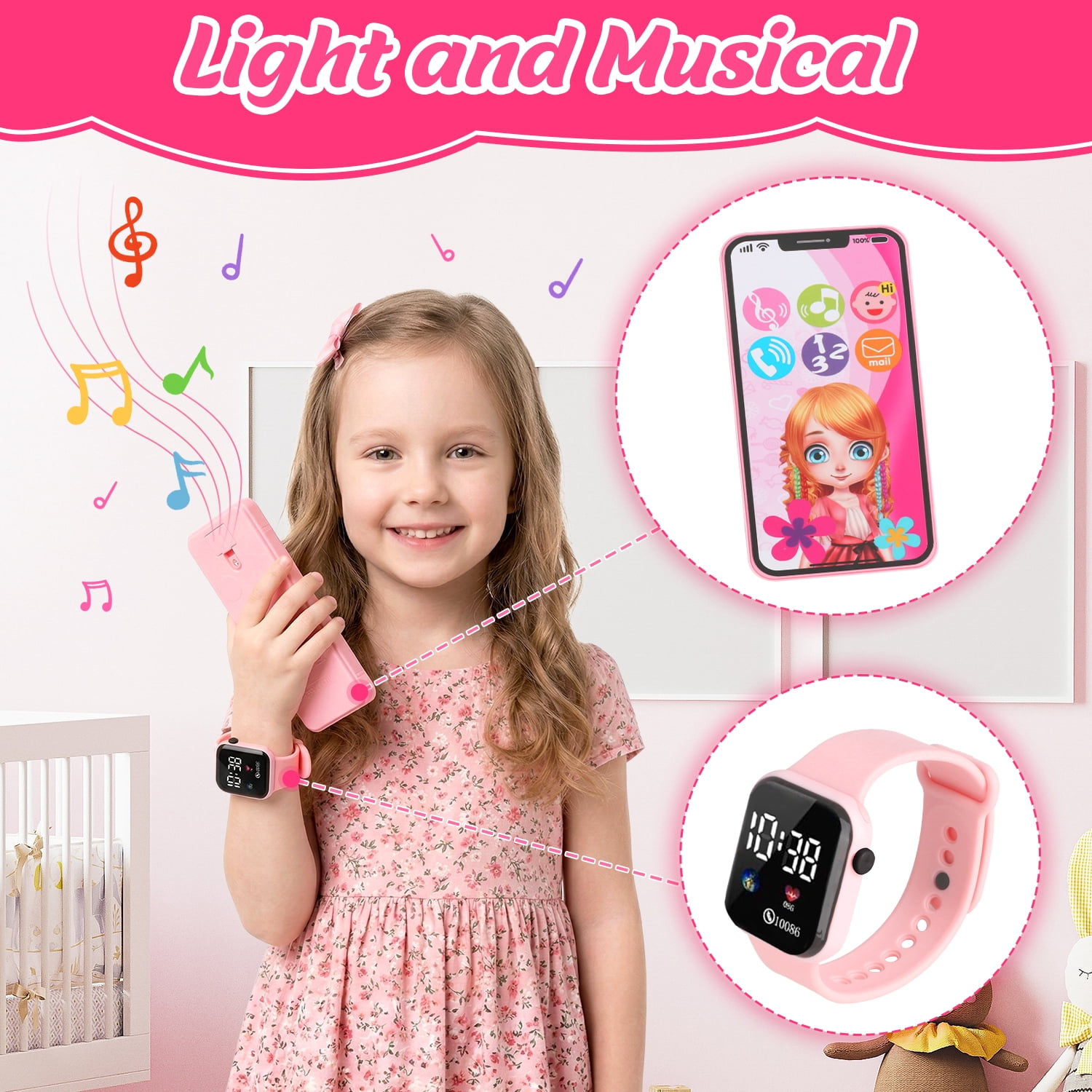 Flooyes Kids Makeup Toy Set Pretend Play Handbag with Necklace and Watch (Pink, 1 Set) api8t