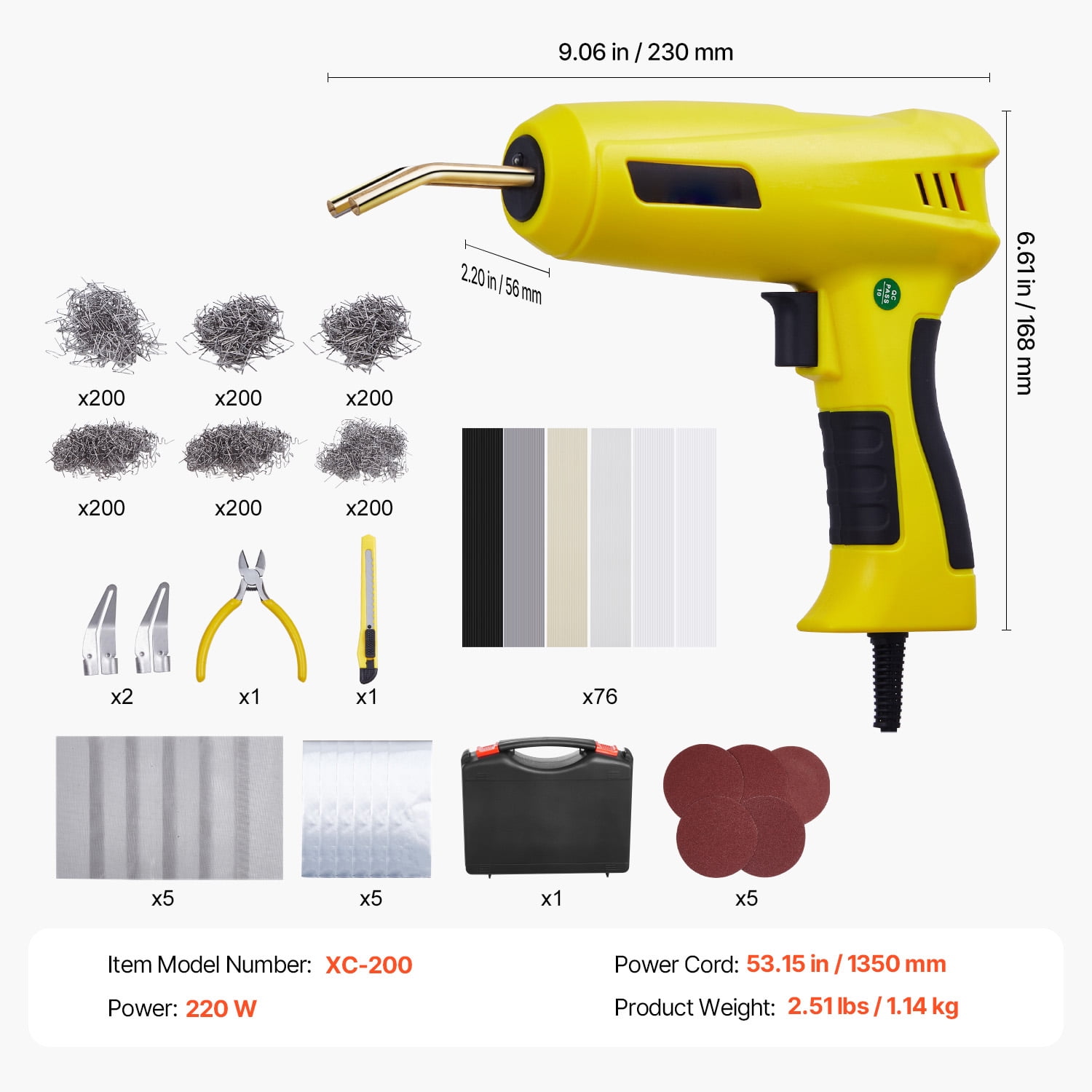 KFFKFF Plastic Welding Kit, 220W Hot Staple Welder Gun with 1200 Staples & 76 Welding Rods (Yellow, 1276 Piece Set) gyxee