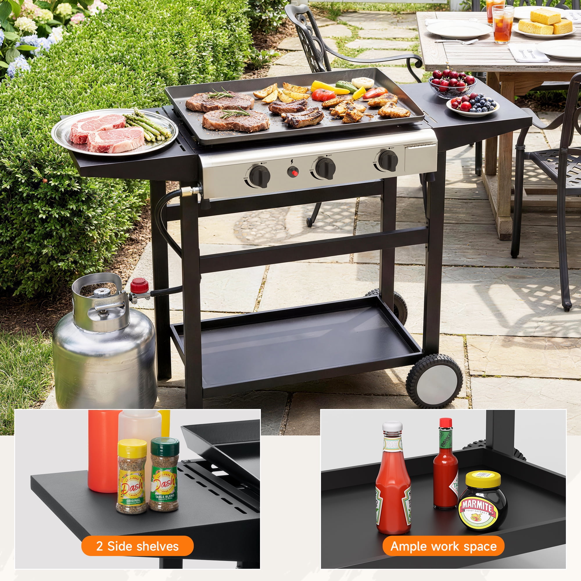 SKOK 3-Burner Propane Flat Top Gas Grill Griddle for Outdoor Cooking (Black, 23 in) mcju1