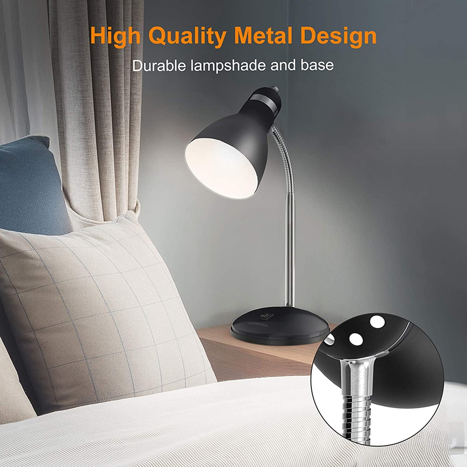 Lepower Metal Desk Lamp, Adjustable Gooseneck Reading Lamp for Home and Office (Black, 14.17 in) iqm71
