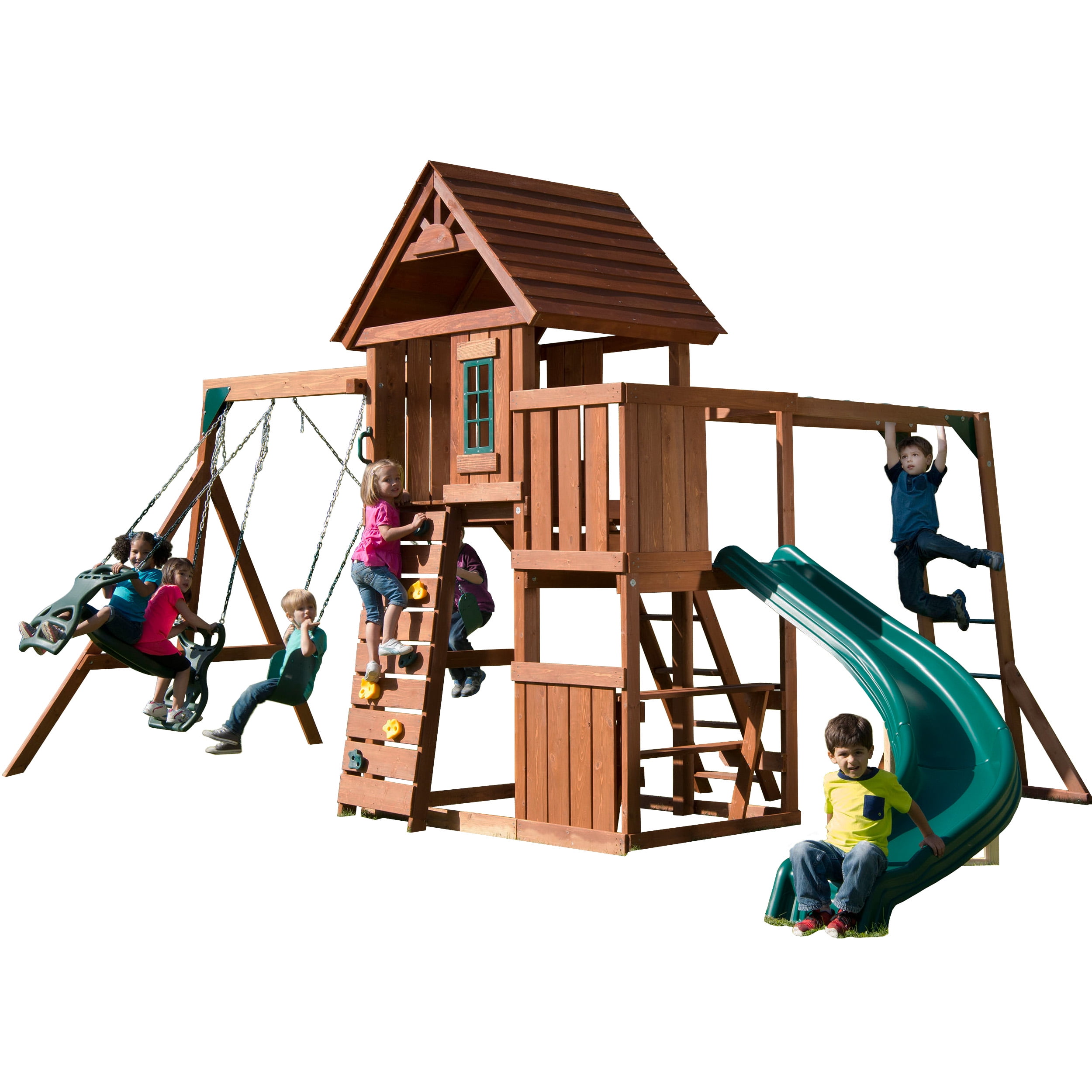 Swing-N-Slide Cedar Brook Wooden Backyard Play Set with Monkey Bars, Swings, and Curved Slide (Brown) s07xk