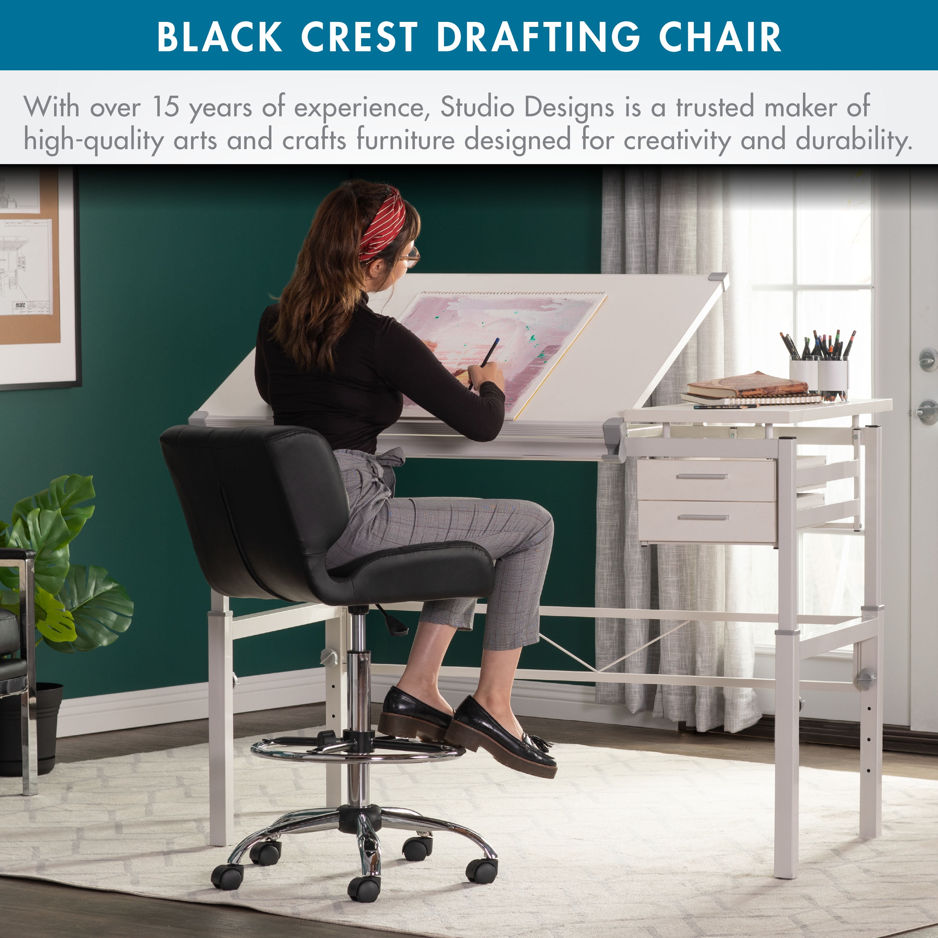 Studio Designs Height Adjustable Swivel Drafting Chair with Footring (Black, 24.5 in W x 24.5 in D x 41 in H) rbug7