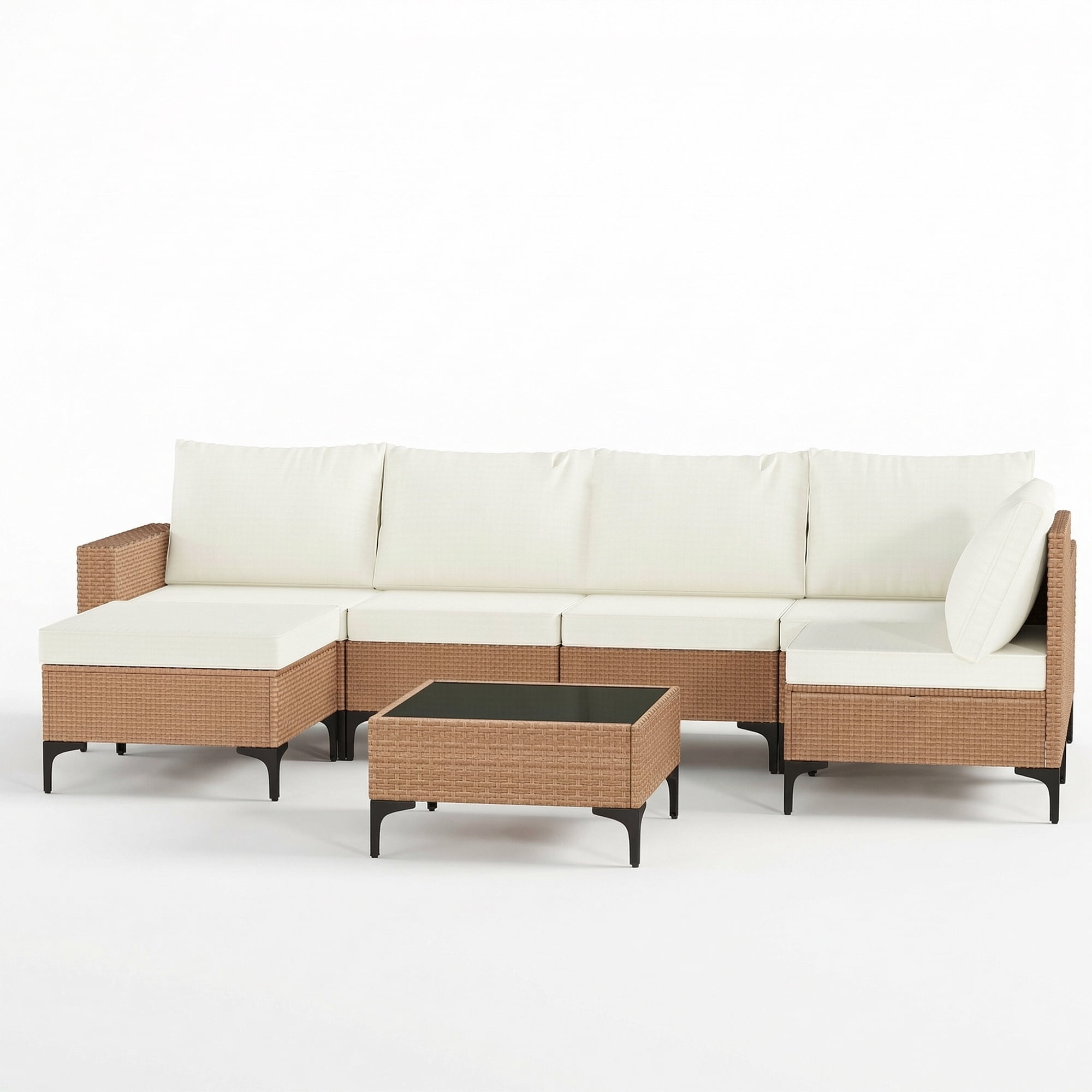 LAZZO 7-Piece Outdoor Conversation Set, Wicker Patio Furniture with Cushions and Coffee Table (Beige, 7-Piece) 4dxaf