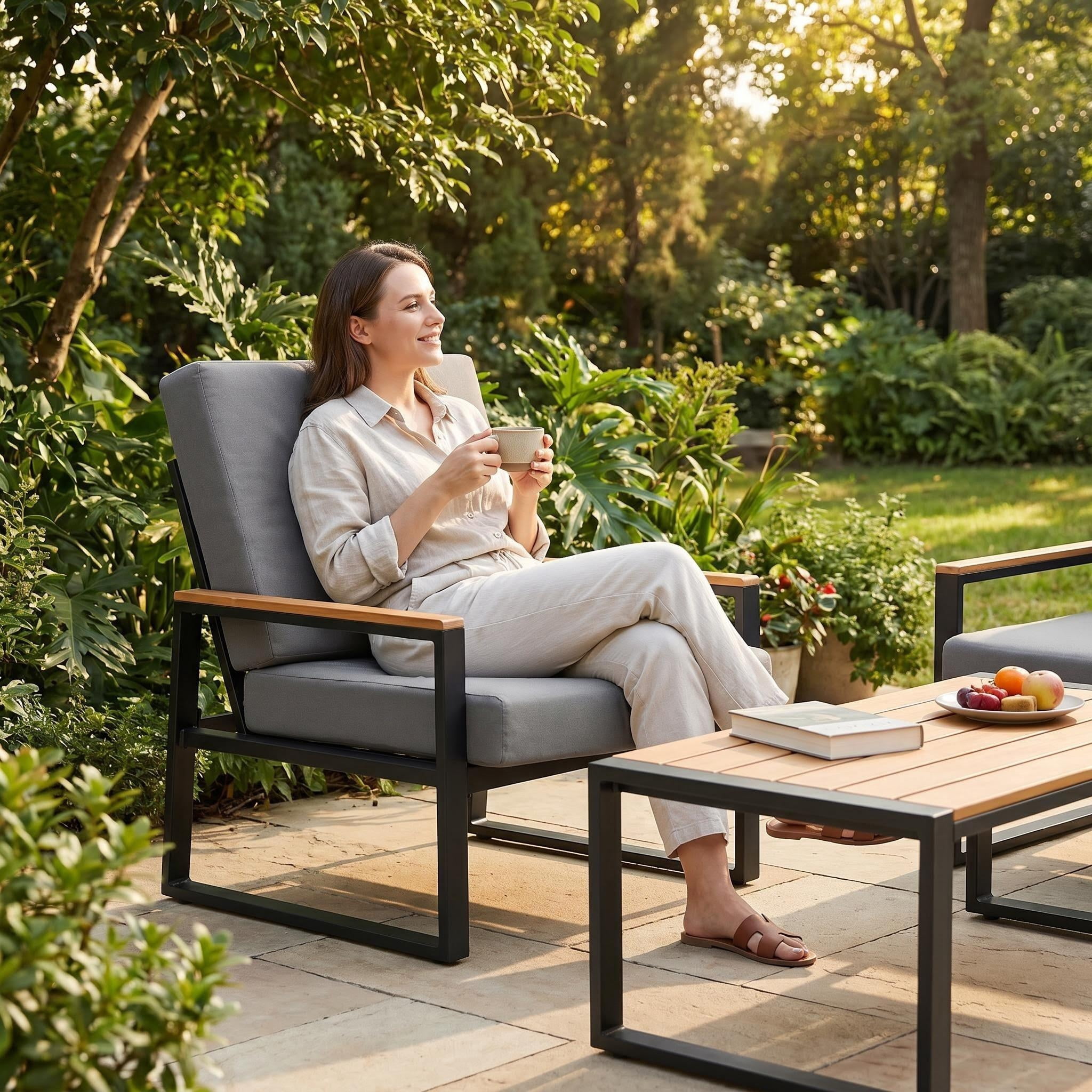 Lofka Outdoor Patio Furniture Set with Rectangle Wooden Table and Heavy-Duty Metal Frame (Gray, 4-Piece Set) 9j1r0