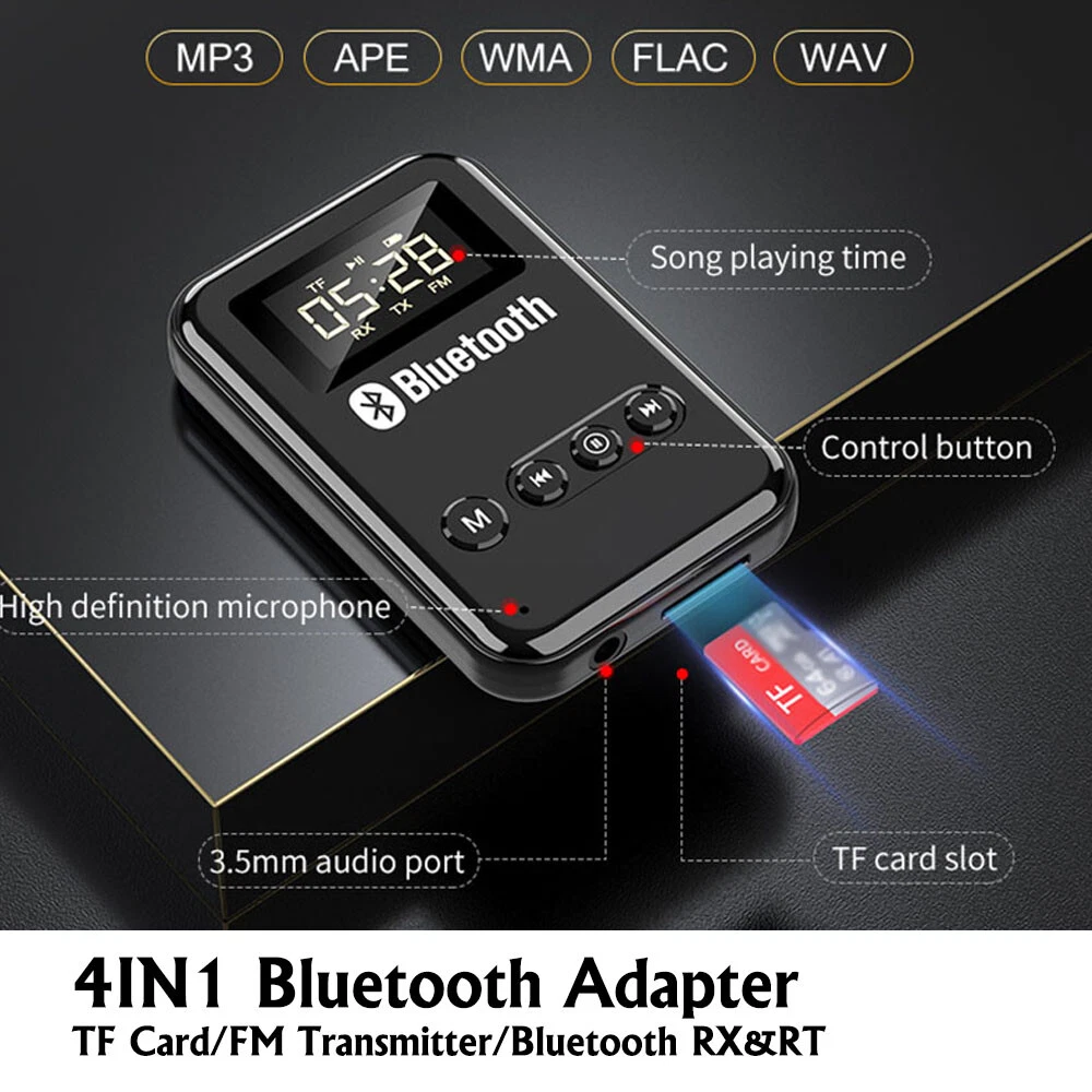 Rhea 4-in-1 Bluetooth FM Transmitter Wireless Audio Adapter for Car Stereo and Home TV (Black, 1 Pack) vvtys