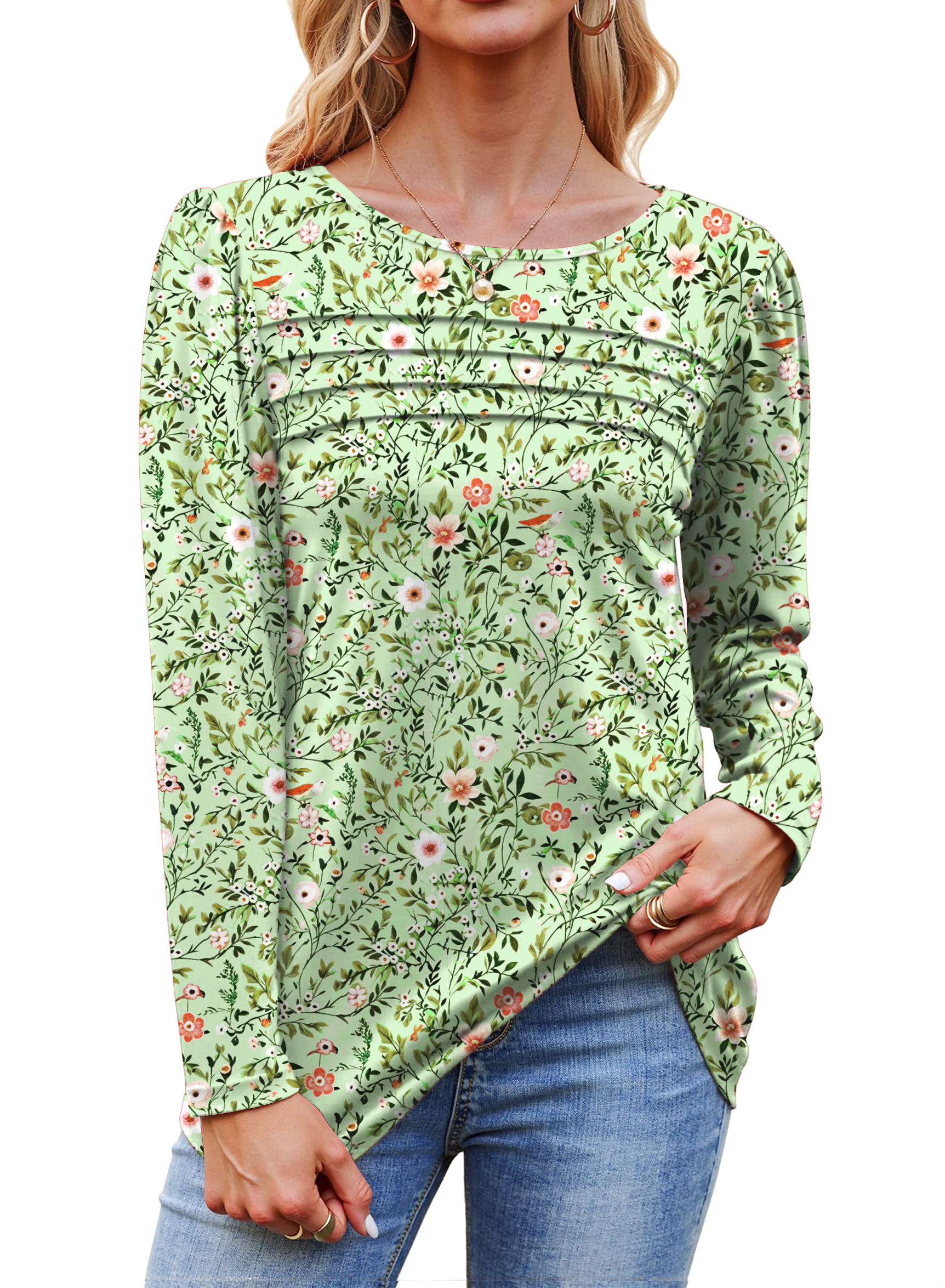 Fantaslook Women's Long Sleeve Pleated Tunic Top Dressy Casual Fall Blouse (Green, S) sre41