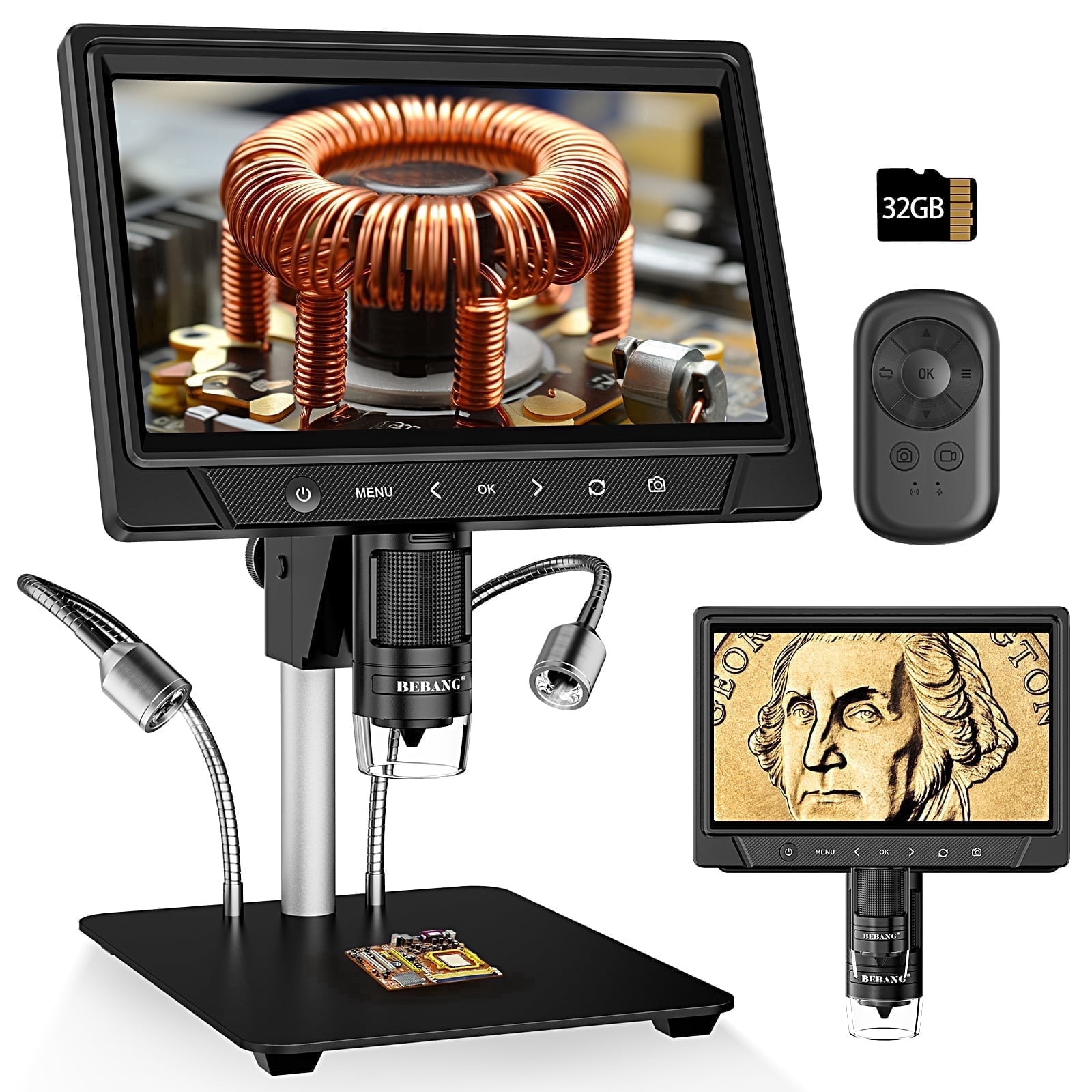 BEBANG 10.1-inch LCD Digital Microscope with 1080P HD Camera, 12MP Sensor, and 32GB SD Card for Electronics Repair and Coin Inspection y511c