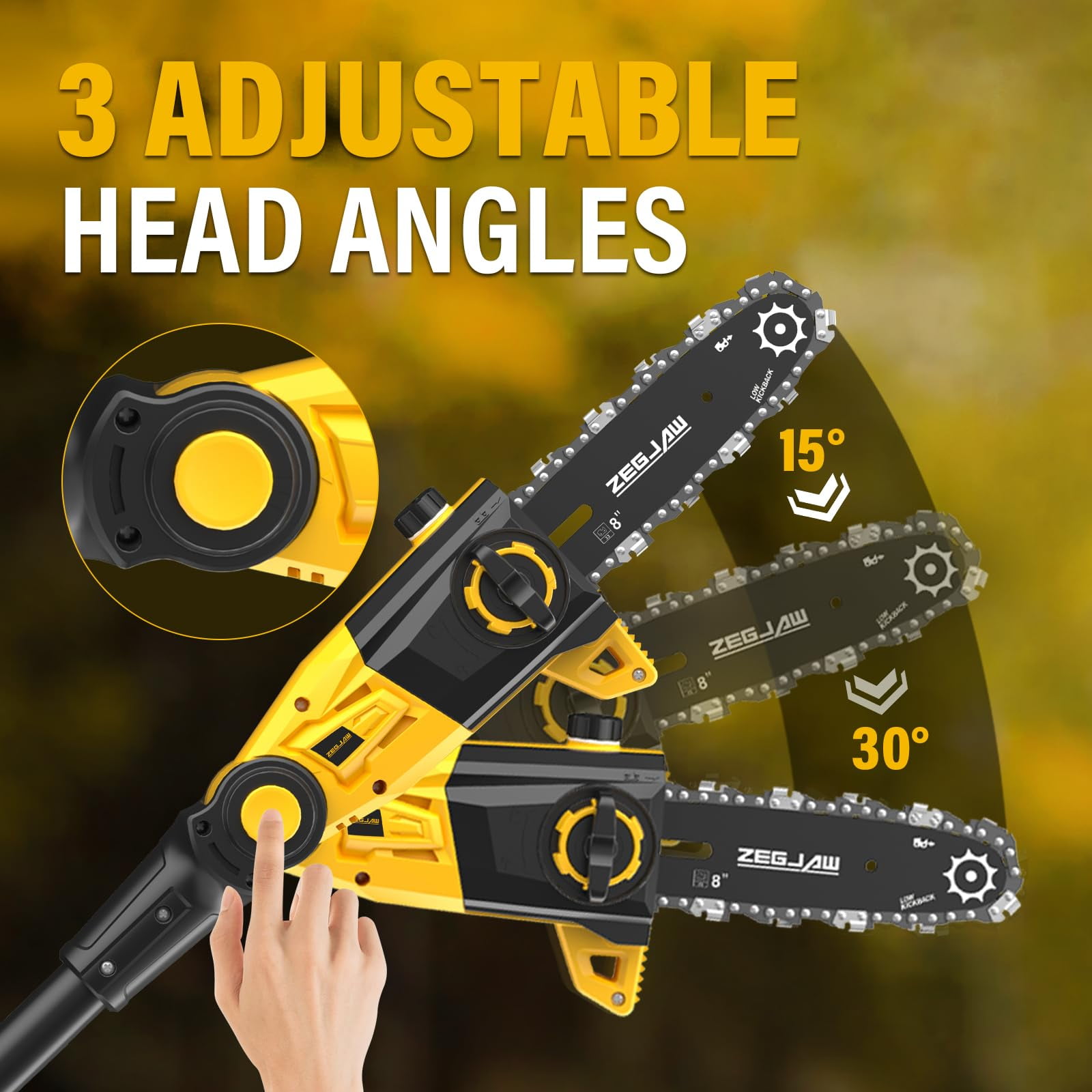 ZEGJAW Cordless Pole Saw for Tree Trimming, Electric Pruning Saw with 8 in Bar, 15 ft Max Reach (Black, 20V Battery & Charger Kit) mm5vz