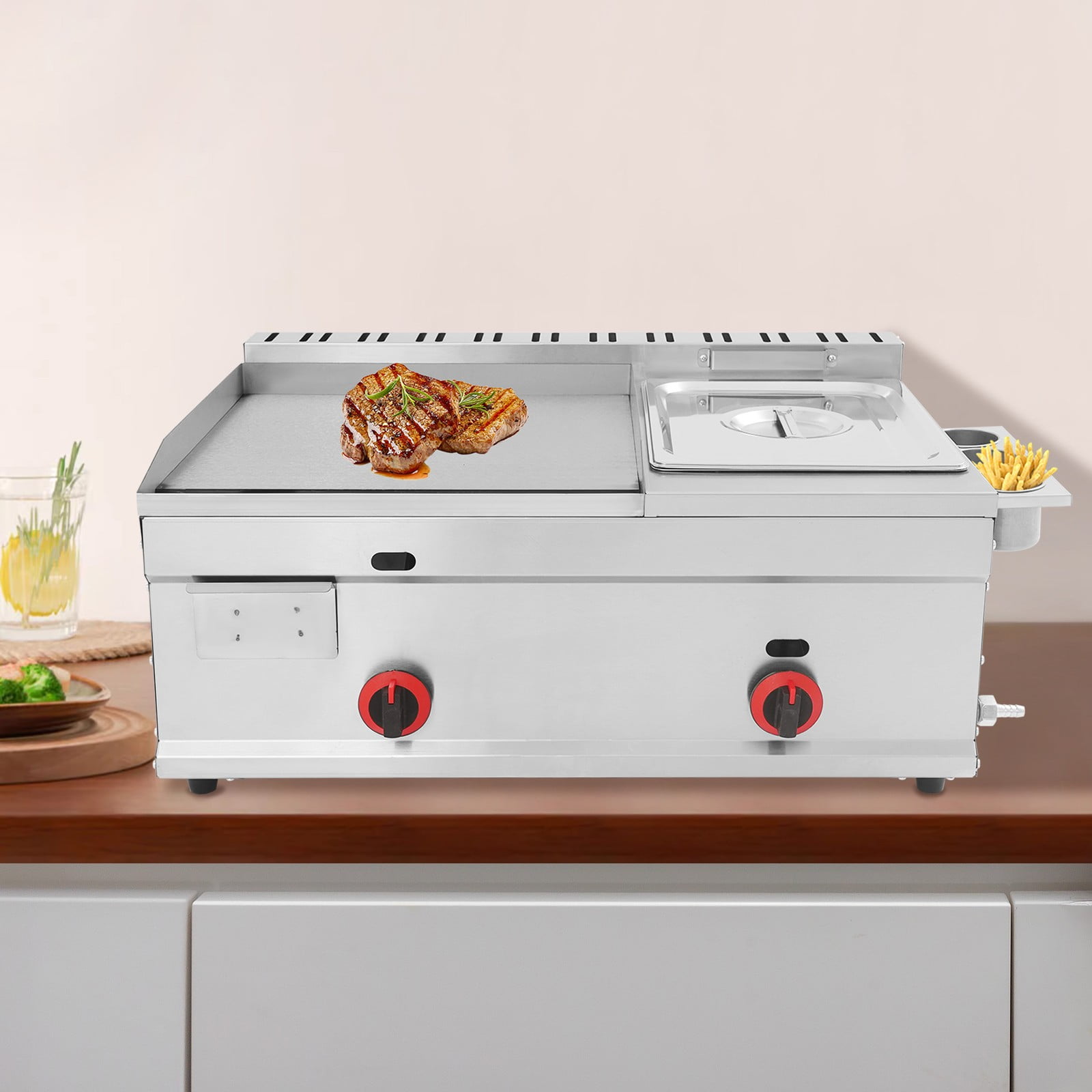Generic Commercial Gas Propane Flat Top Grill Griddle with Deep Fryer (Silver, 1.59 gal Oil Capacity) 2m6r3
