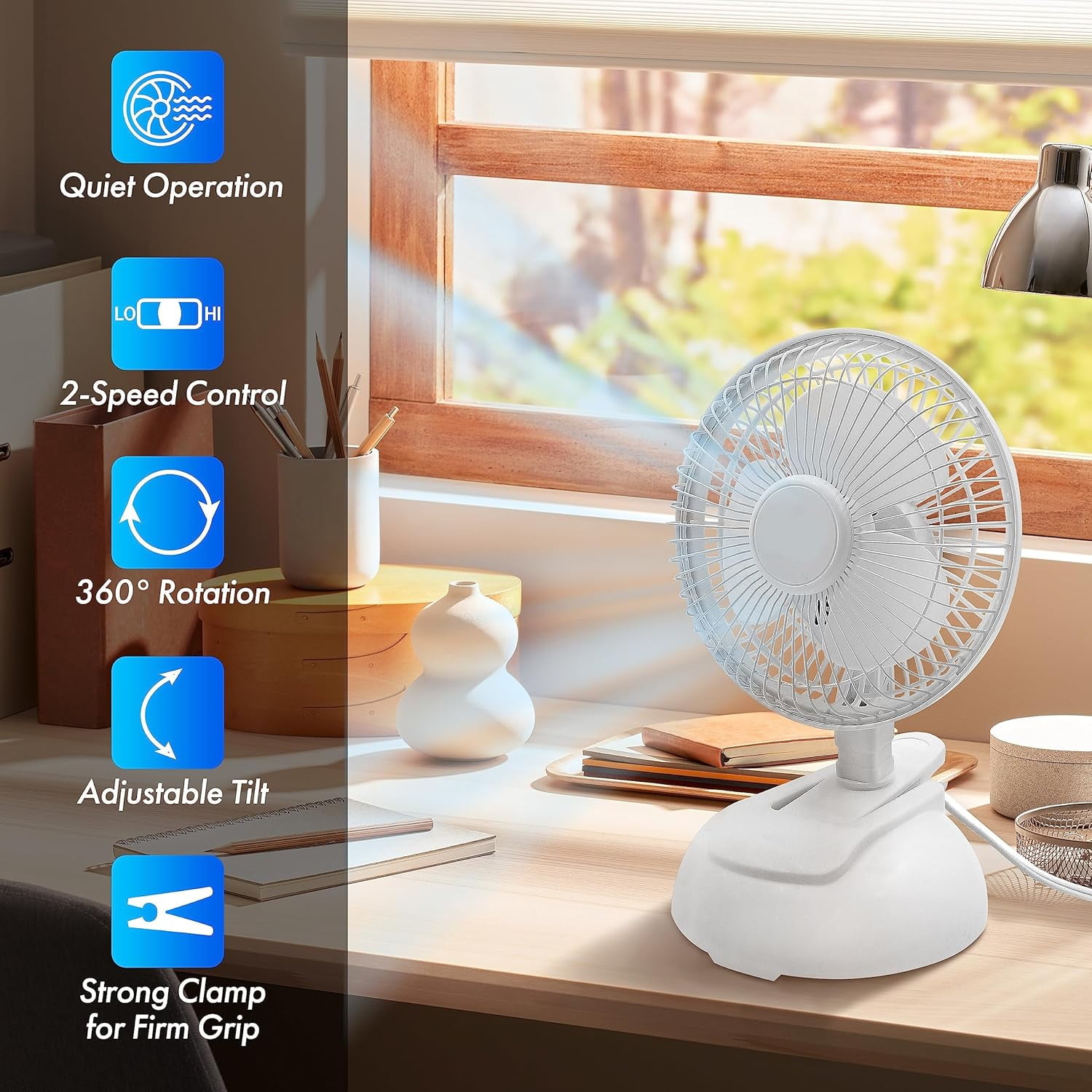 EZ-Chill 6 in Personal Clip or Desk Fan with Adjustable Tilt and 2-Speed Settings (White, 6 in) 4ae9m