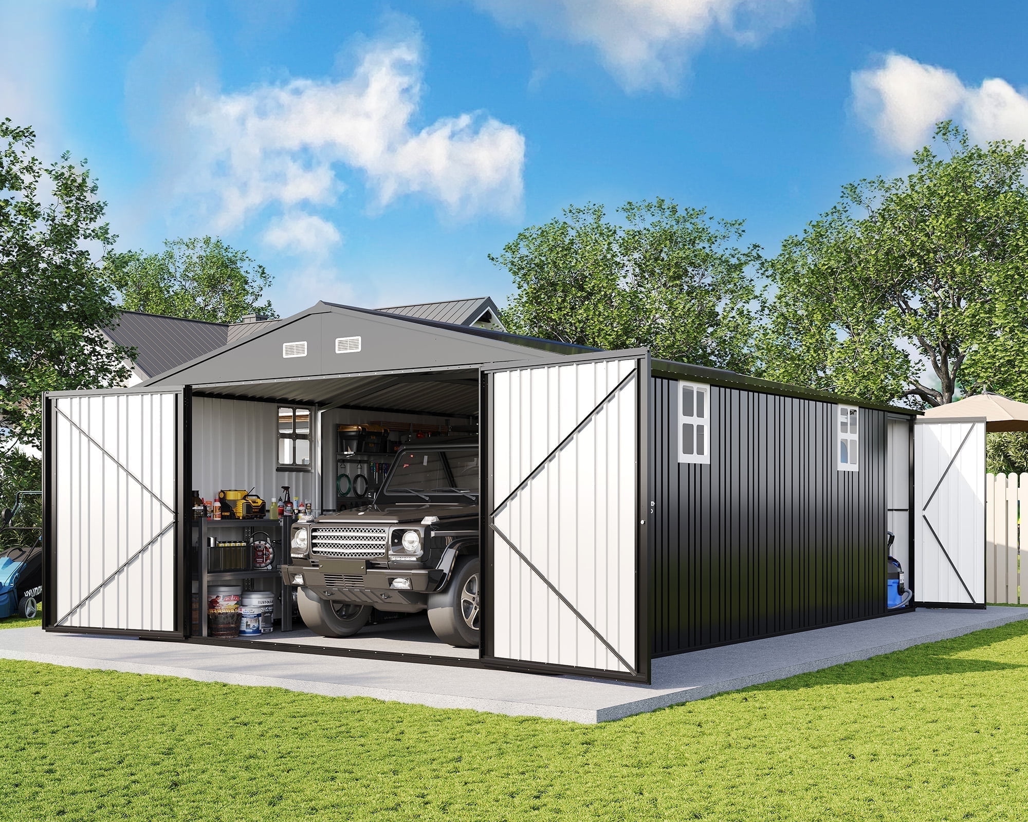 Jocisland Outdoor Metal Storage Shed, Heavy-Duty Garage Carport with Double Doors and Windows (Dark Grey, 13.2 ft x 21 ft x 8 ft) a8ixi