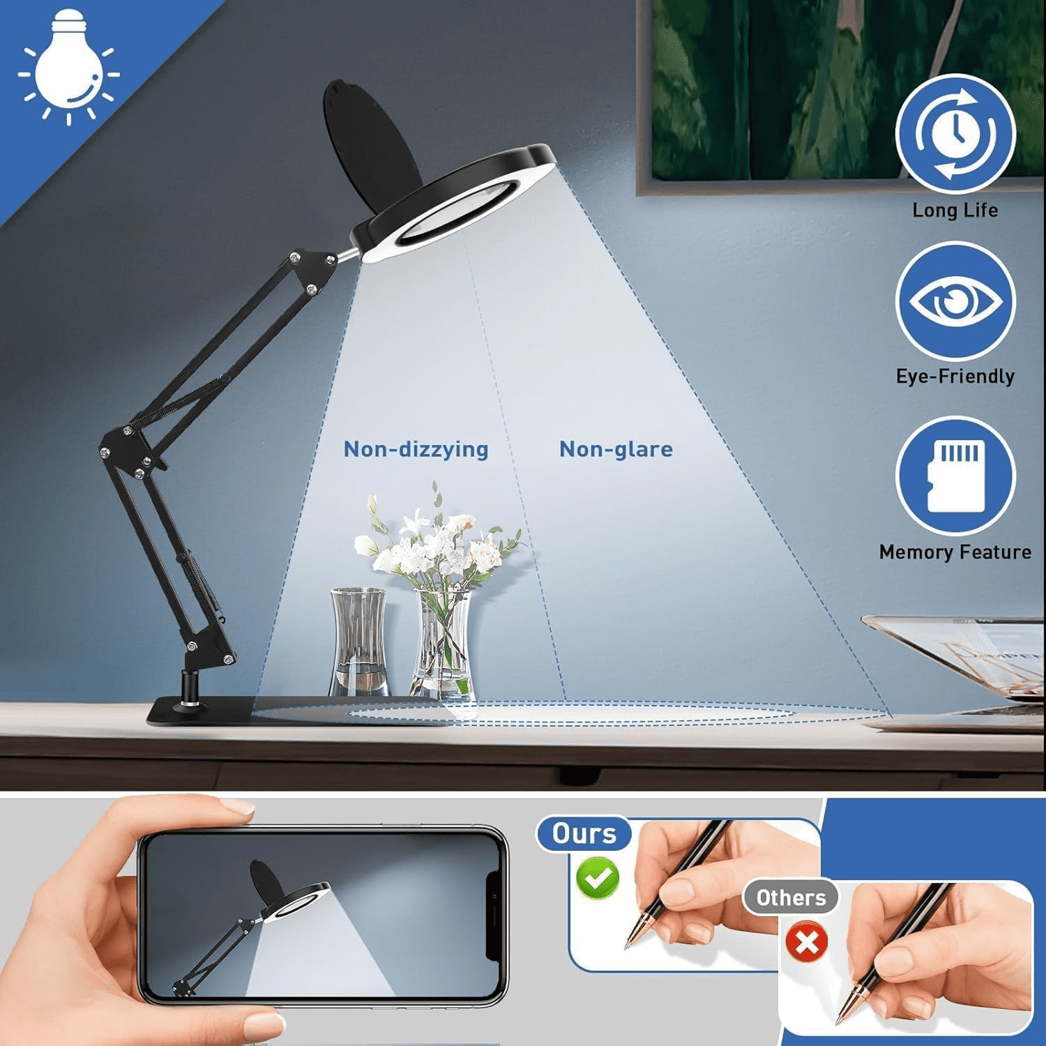 Gefolly LED Magnifying Desk Lamp with Clamp, Adjustable Swing Arm, 5 Color Modes, Stepless Dimmable (Black, 1 Unit) sbqk3