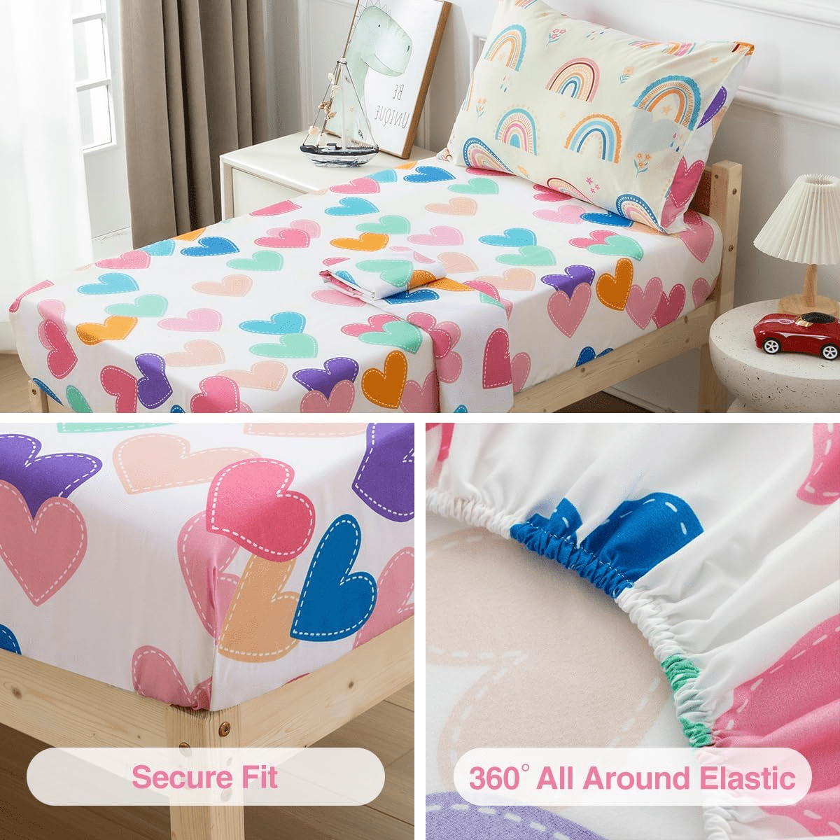 Btargot 4pc Rainbow Toddler Bedding Set, Soft Brushed Microfiber Comforter and Sheet Set (Multi-Color, Toddler Size) hp5qm