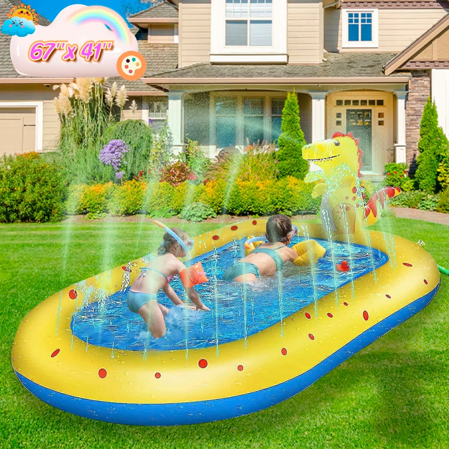 Teblint Inflatable Dinosaur Sprinkler Pool for Kids, Outdoor Water Play Center with Spray Features (Blue-Yellow, 67 in x 41 in x 26 in) ya4c7