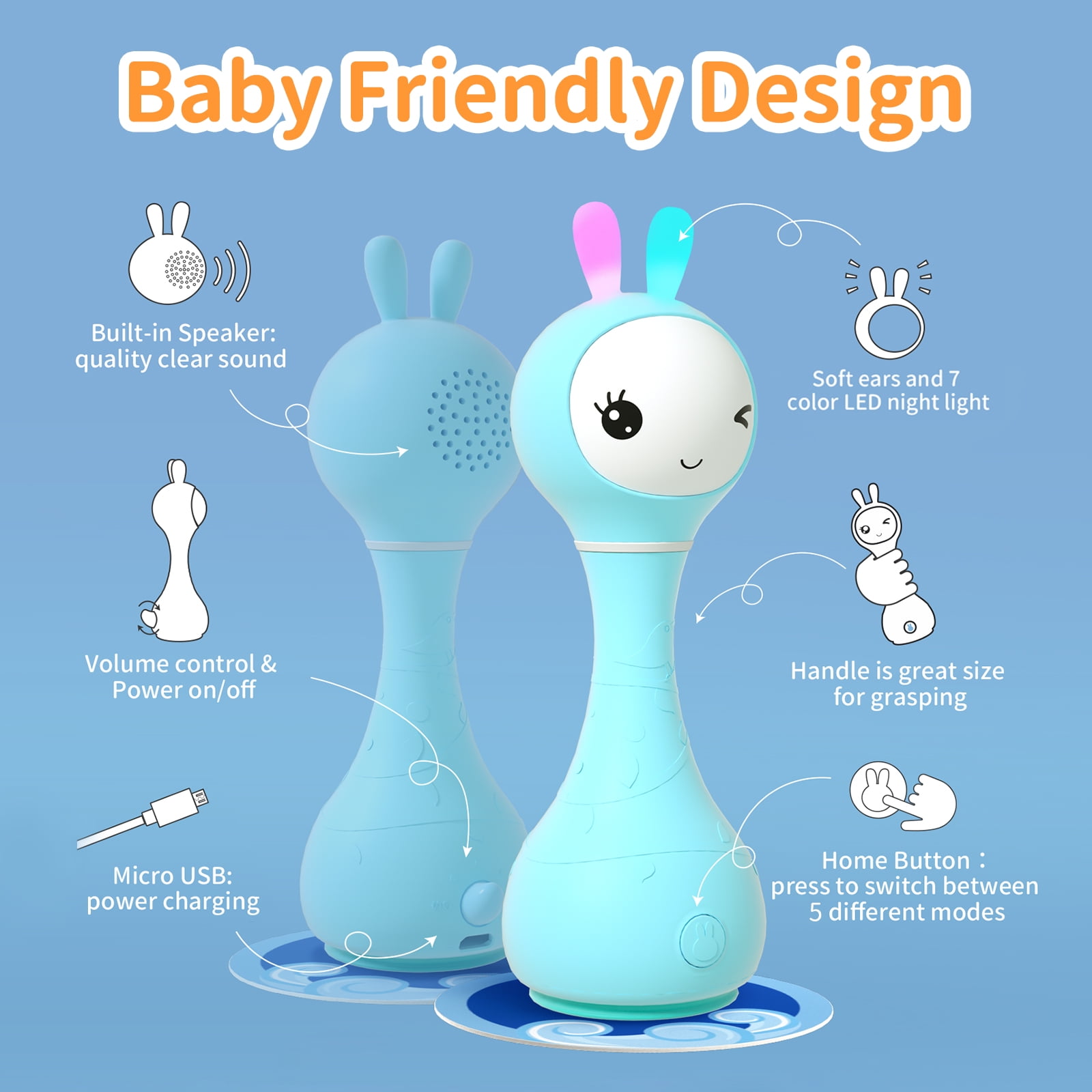 Alilo Smarty Bunny Baby Rattle Musical Sensory Toy with Light Up Ears and Bedtime Stories (White) tydyg