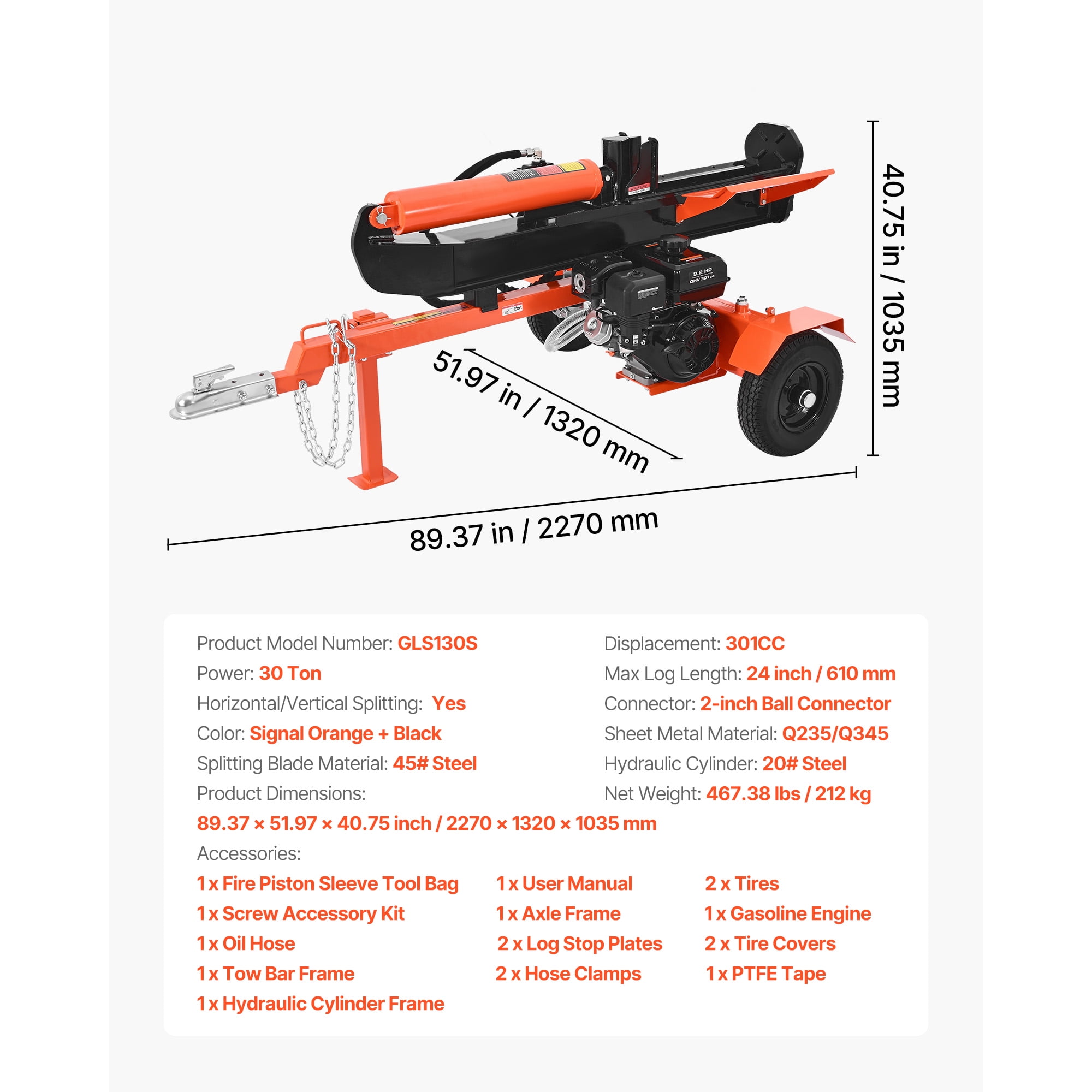KFFKFF 30-Ton Gas Log Splitter, 306CC Engine, Hydraulic Wood Splitting Machine with 2-in Ball Coupler (Orange, 24-in Log Capacity) mlmga
