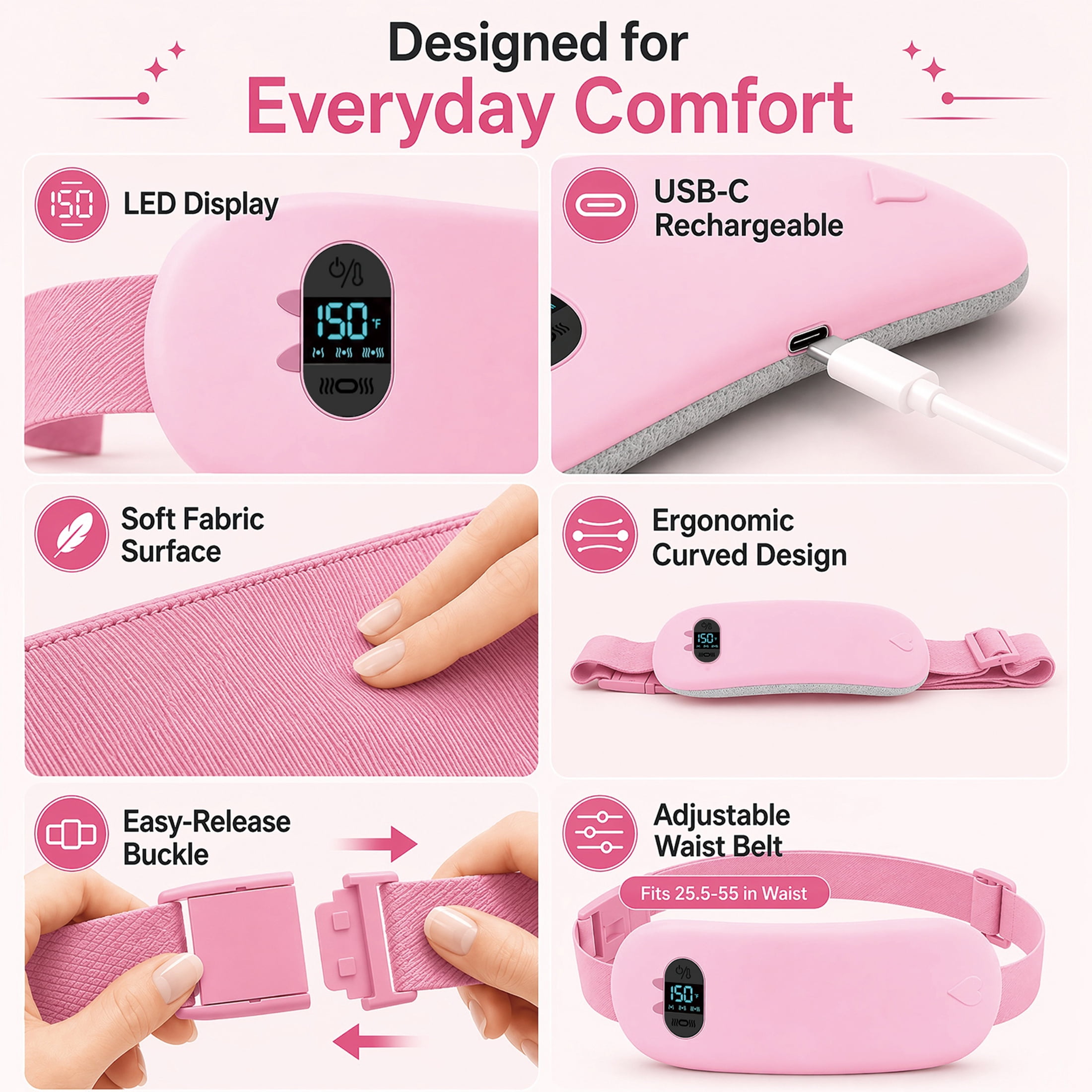 TeSabMi Cordless Heating Pad for Period Cramps, Portable Menstrual Belt with 6 Heat Levels & 6 Vibration Modes (Pink, 25.5 to 55 in) 4pgtx