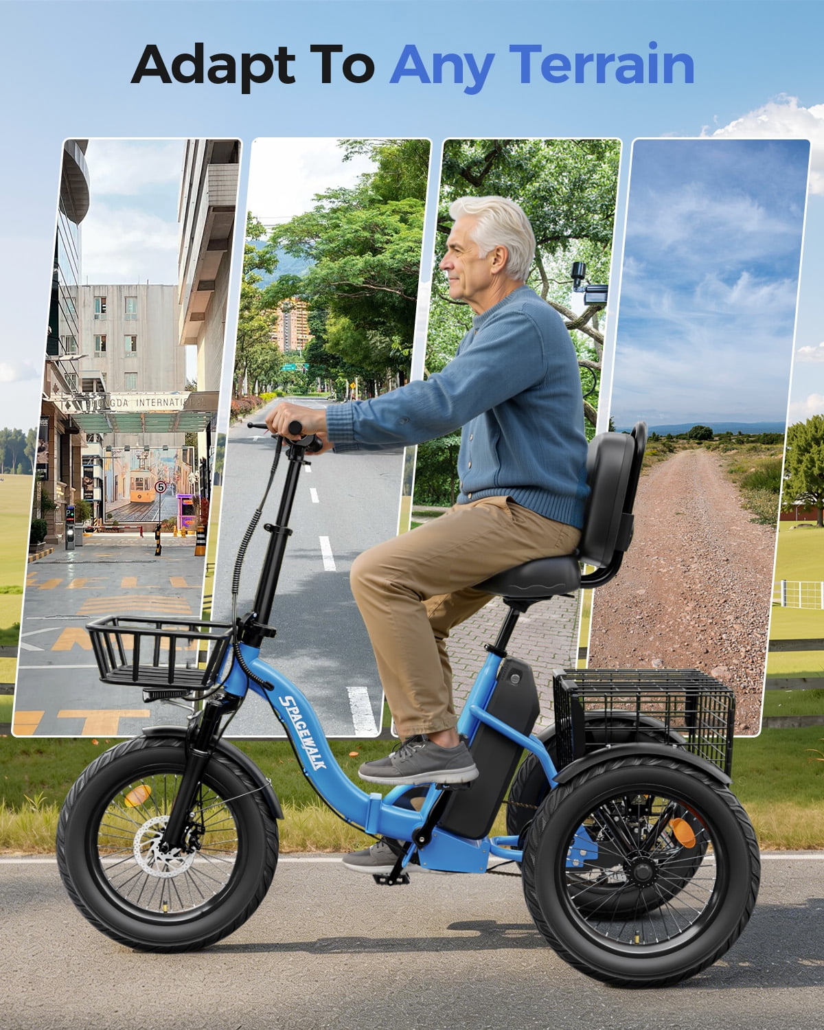 EILLEO SPACEWALK Adult 3-Wheel Electric Tricycle, 700W Motor, 60-Mile Range, Fat Tire E-Trike (Blue, 18 in) wbxcy